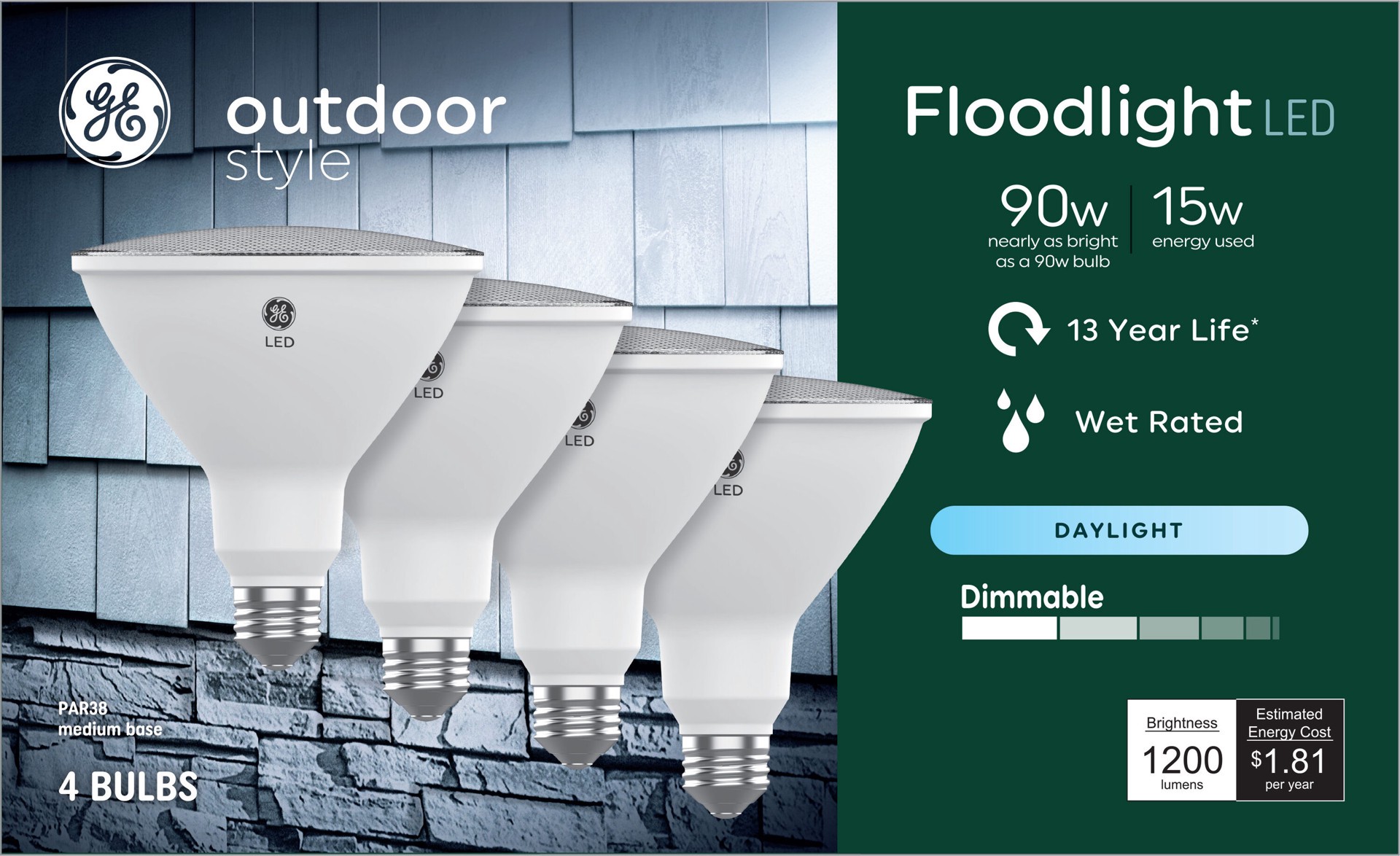 slide 1 of 6, GE Outdoor Style 90 -Watt EQ PAR38 Daylight Medium base (E-26) Dimmable LED Spot Flood Light Bulb 4 -Pack, 1 ct