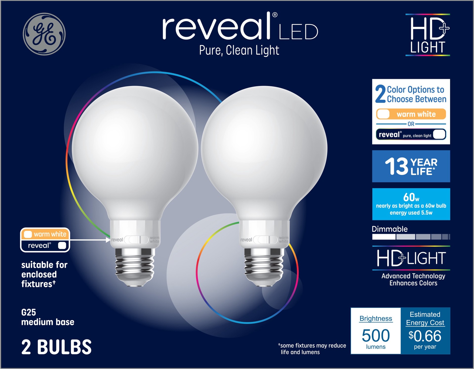 slide 1 of 6, GE 60 -Watt EQ G25 Color-enhancing Dimmable LED Decorative Light Bulb 2 -Pack, 1 ct