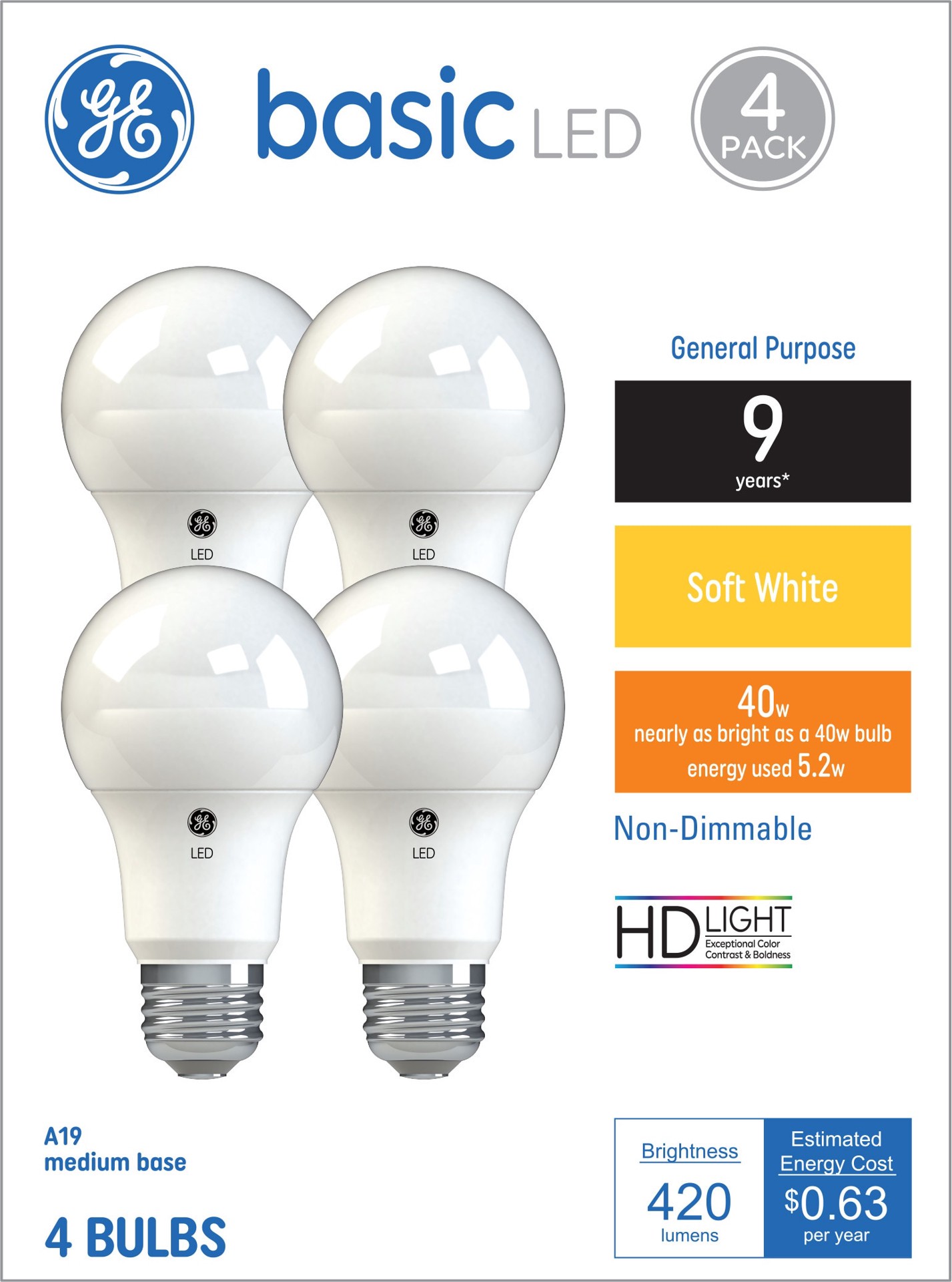 slide 1 of 6, GE 40 -Watt EQ A19 Soft white LED General purpose Light Bulb 4 -Pack, 1 ct