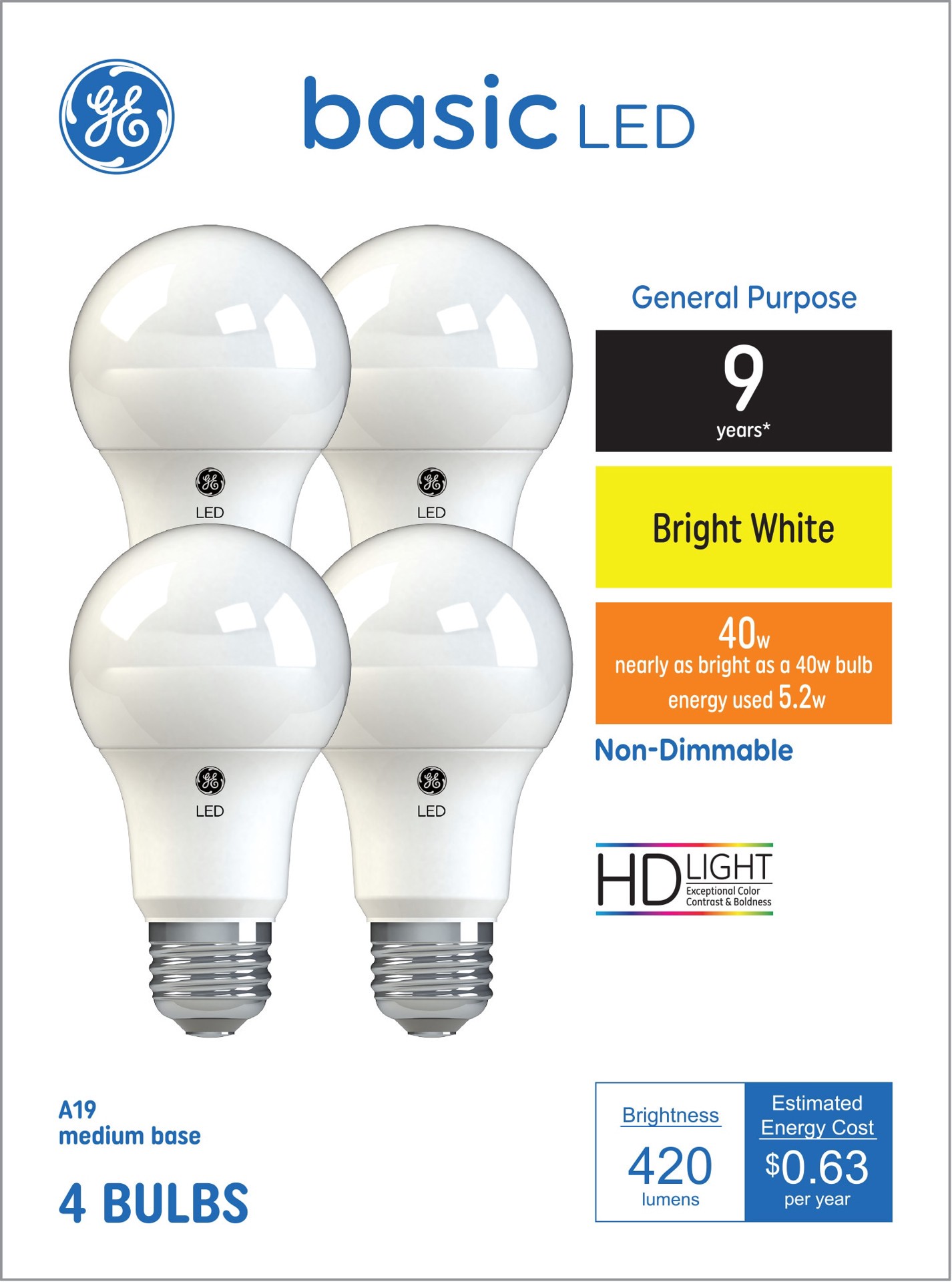 slide 1 of 6, GE 40 -Watt EQ A19 Bright white Medium base (E-26) LED General purpose Light Bulb 4 -Pack, 1 ct
