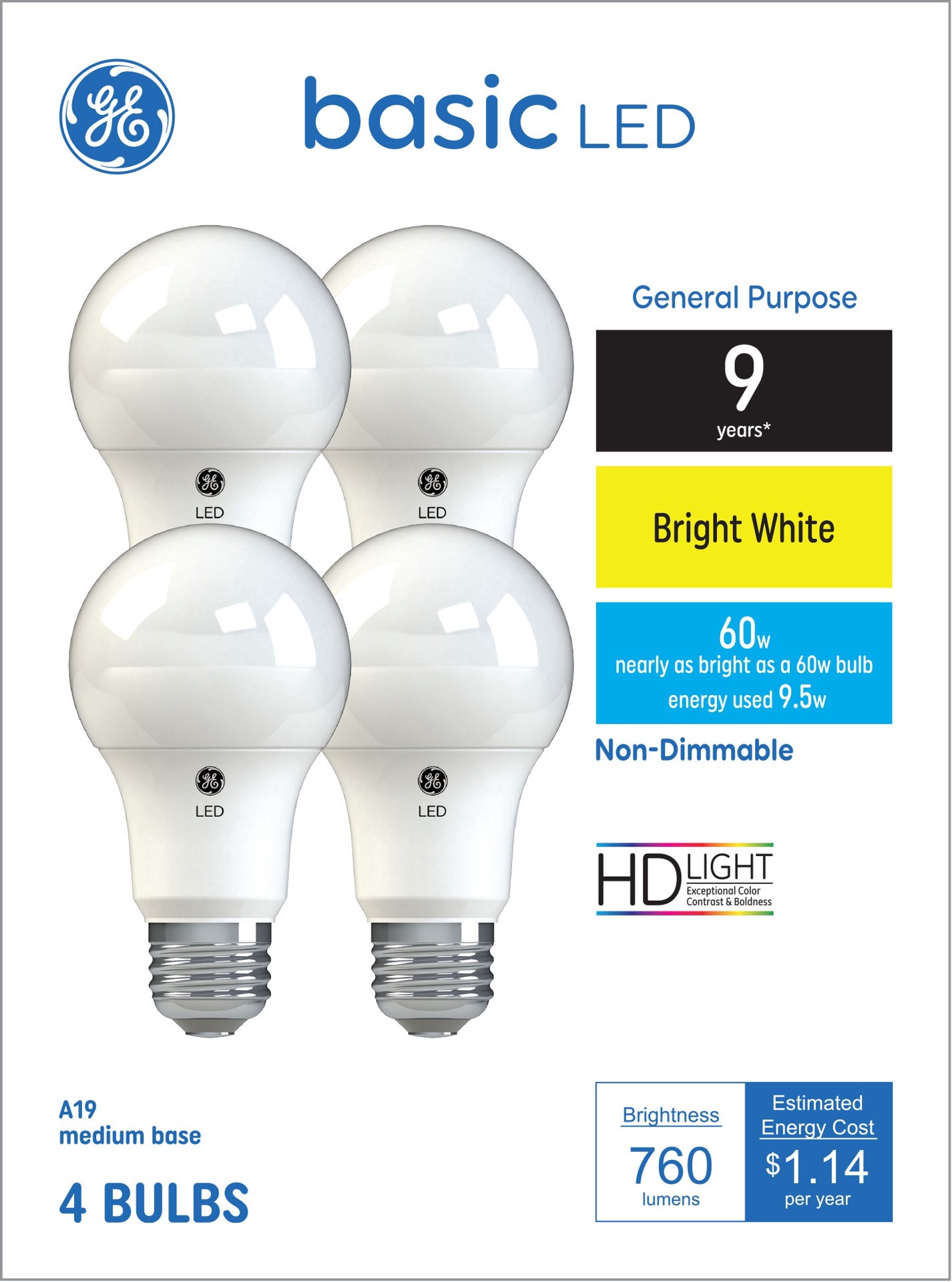 slide 1 of 6, GE 60 -Watt EQ A19 Bright white Medium base (E-26) LED General purpose Light Bulb 4 -Pack, 1 ct