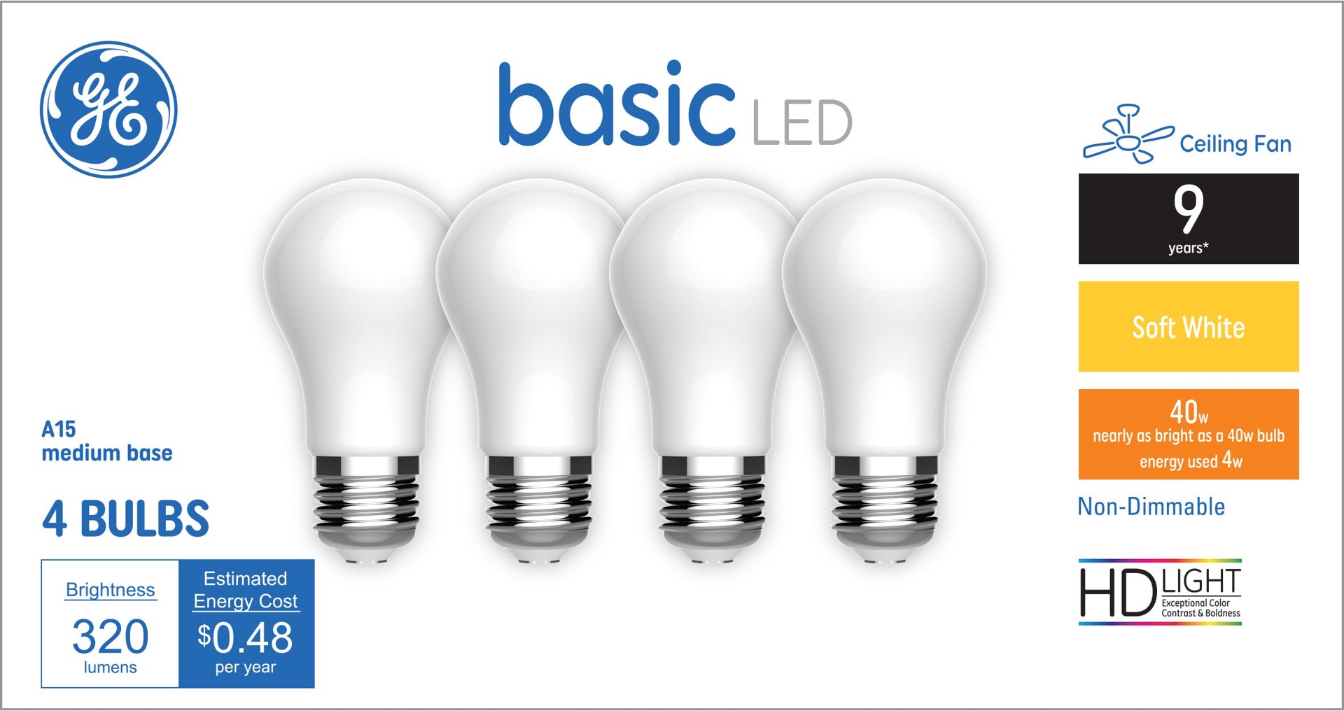 slide 1 of 6, GE 40 -Watt EQ A15 Soft white Medium base (E-26) LED General purpose Light Bulb 4 -Pack, 1 ct