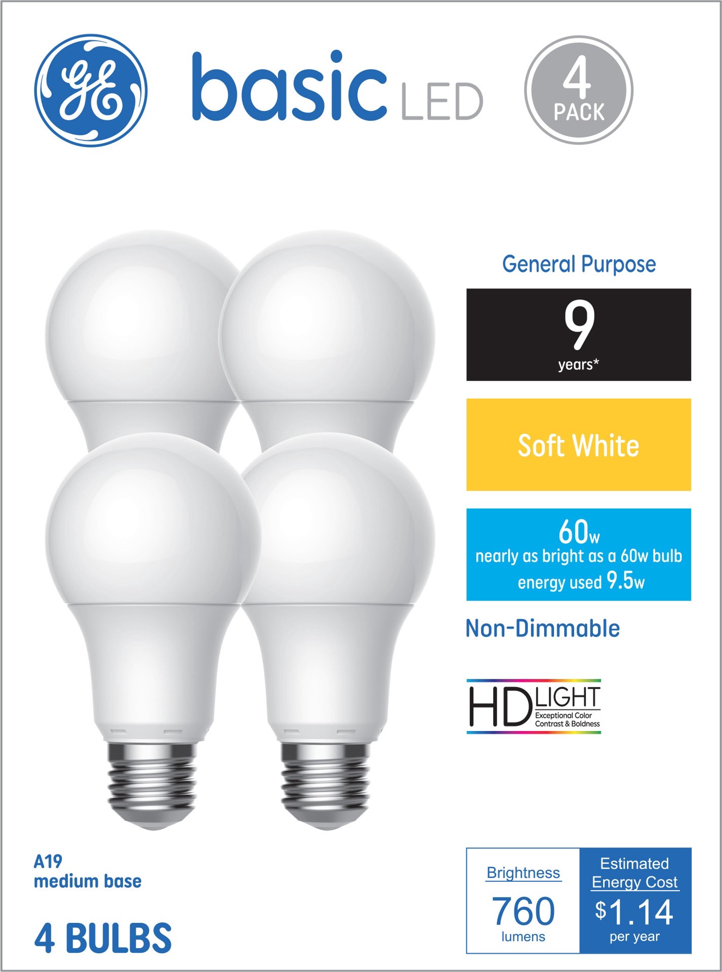 slide 1 of 6, GE 60 -Watt EQ A19 Soft white Medium base (E-26) LED General purpose Light Bulb 4 -Pack, 1 ct