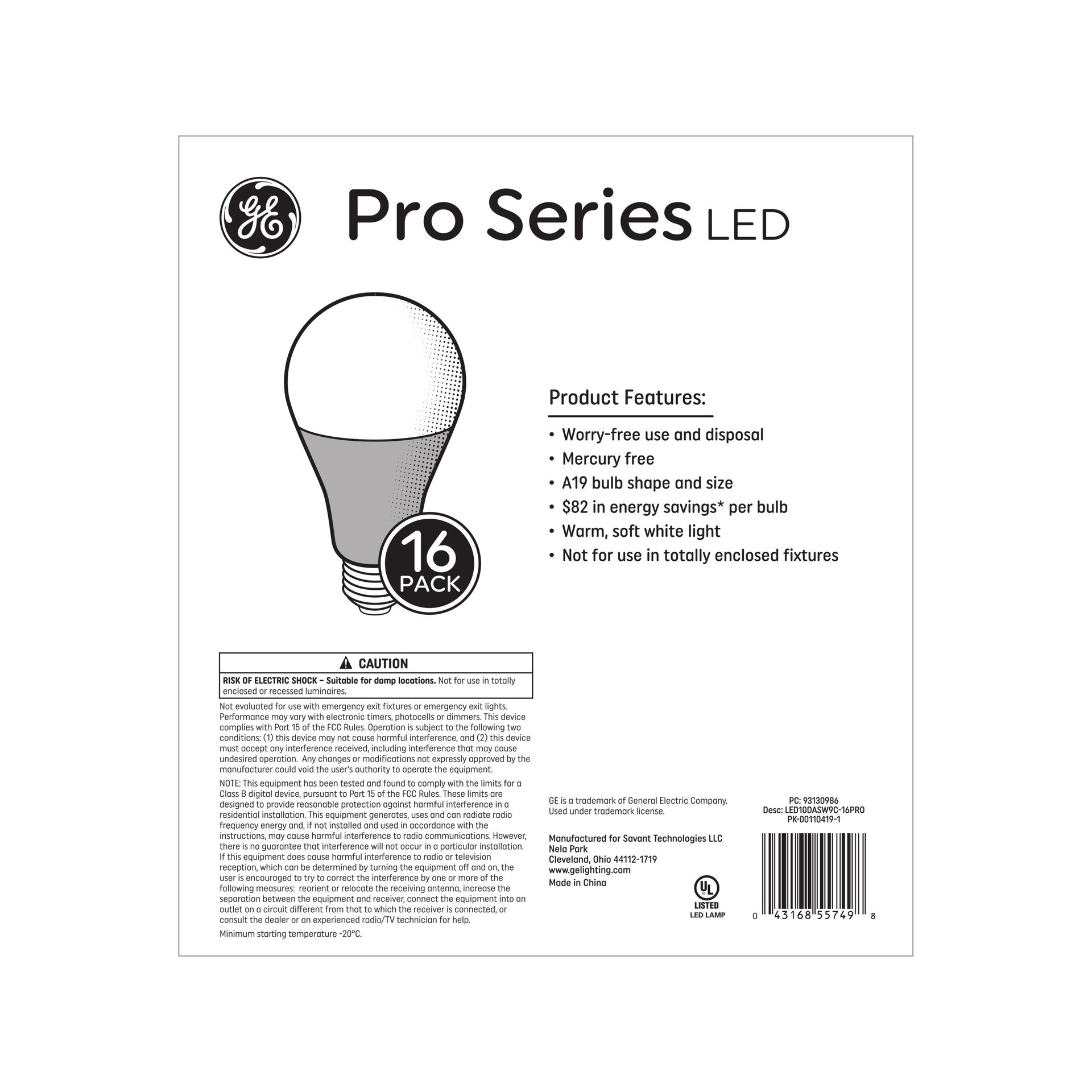 slide 3 of 6, GE Pro Series 60 -Watt EQ A19 Soft white Medium base (E-26) Dimmable LED General purpose Light Bulb 16 -Pack, 1 ct