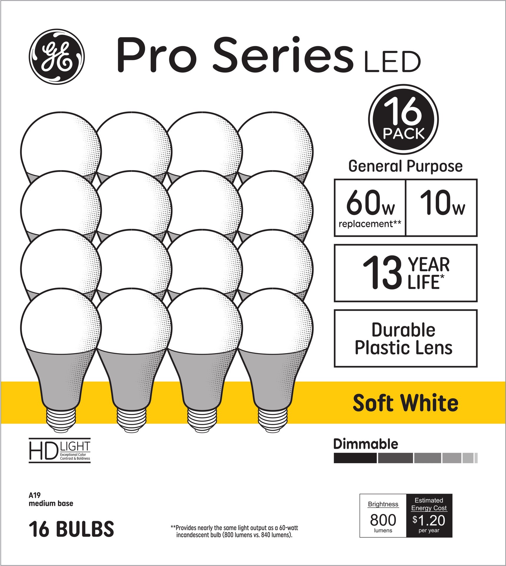 slide 1 of 6, GE Pro Series 60 -Watt EQ A19 Soft white Medium base (E-26) Dimmable LED General purpose Light Bulb 16 -Pack, 1 ct