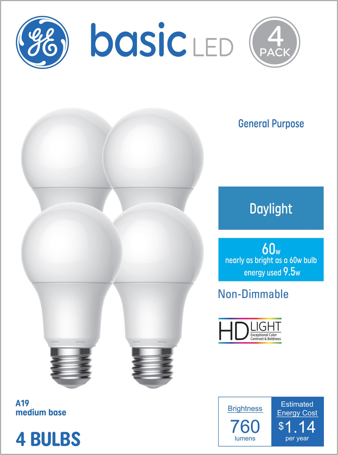 slide 1 of 6, GE 60 -Watt EQ A19 Daylight Medium base (E-26) LED General purpose Light Bulb 4 -Pack, 1 ct
