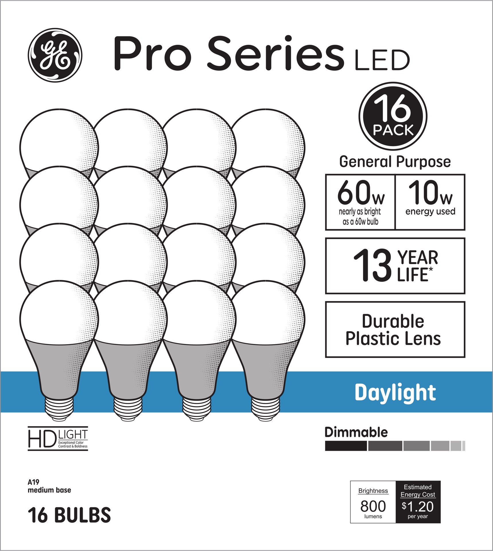 slide 1 of 6, GE Pro Series 60 -Watt EQ A19 Daylight Medium base (E-26) Dimmable LED General purpose Light Bulb 16 -Pack, 1 ct