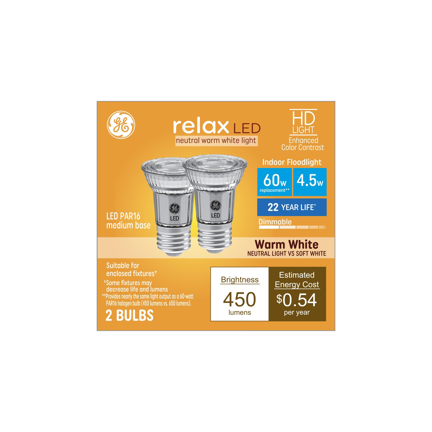 slide 1 of 6, GE 60 -Watt EQ PAR16 Warm white Medium base (E-26) Dimmable LED Spot Flood Light Bulb 2 -Pack, 1 ct