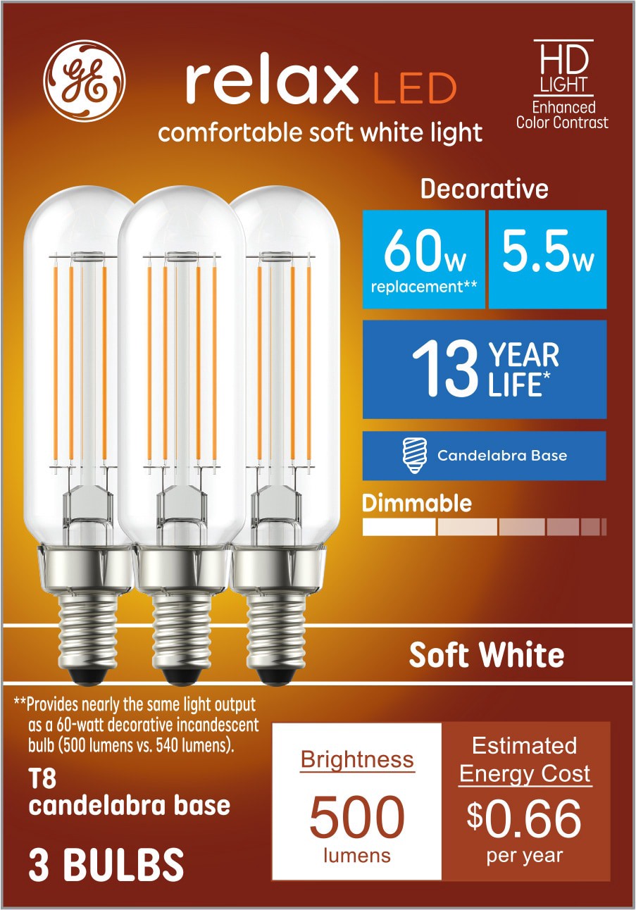 slide 1 of 6, GE Relax HD 60 -Watt EQ T8 Soft white Candelabra base (E-12) Dimmable LED Decorative Light Bulb 3 -Pack, 1 ct