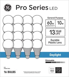 GE Pro Series 60 -Watt EQ A19 Daylight Medium screw base E26 Dimmable LED General purpose Light Bulb 16 -Pack