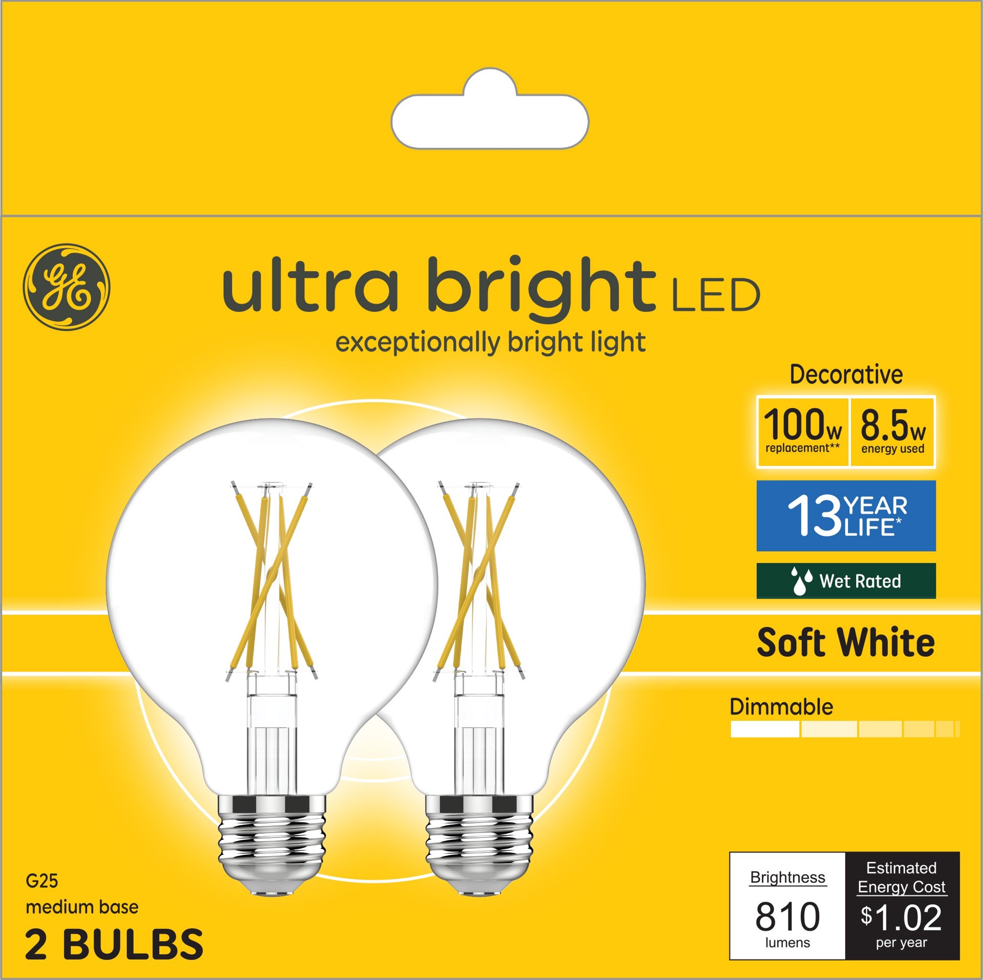 slide 1 of 6, GE Ultra Bright 100 -Watt EQ G25 Soft white Medium base (E-26) Dimmable LED Decorative Light Bulb 2 -Pack, 1 ct