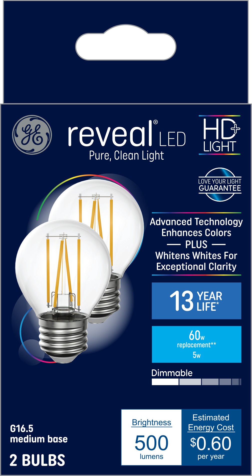 slide 1 of 6, GE 60 -Watt EQ G16.5 Color-enhancing Medium base (E-26) Dimmable LED Decorative Light Bulb 2 -Pack, 1 ct