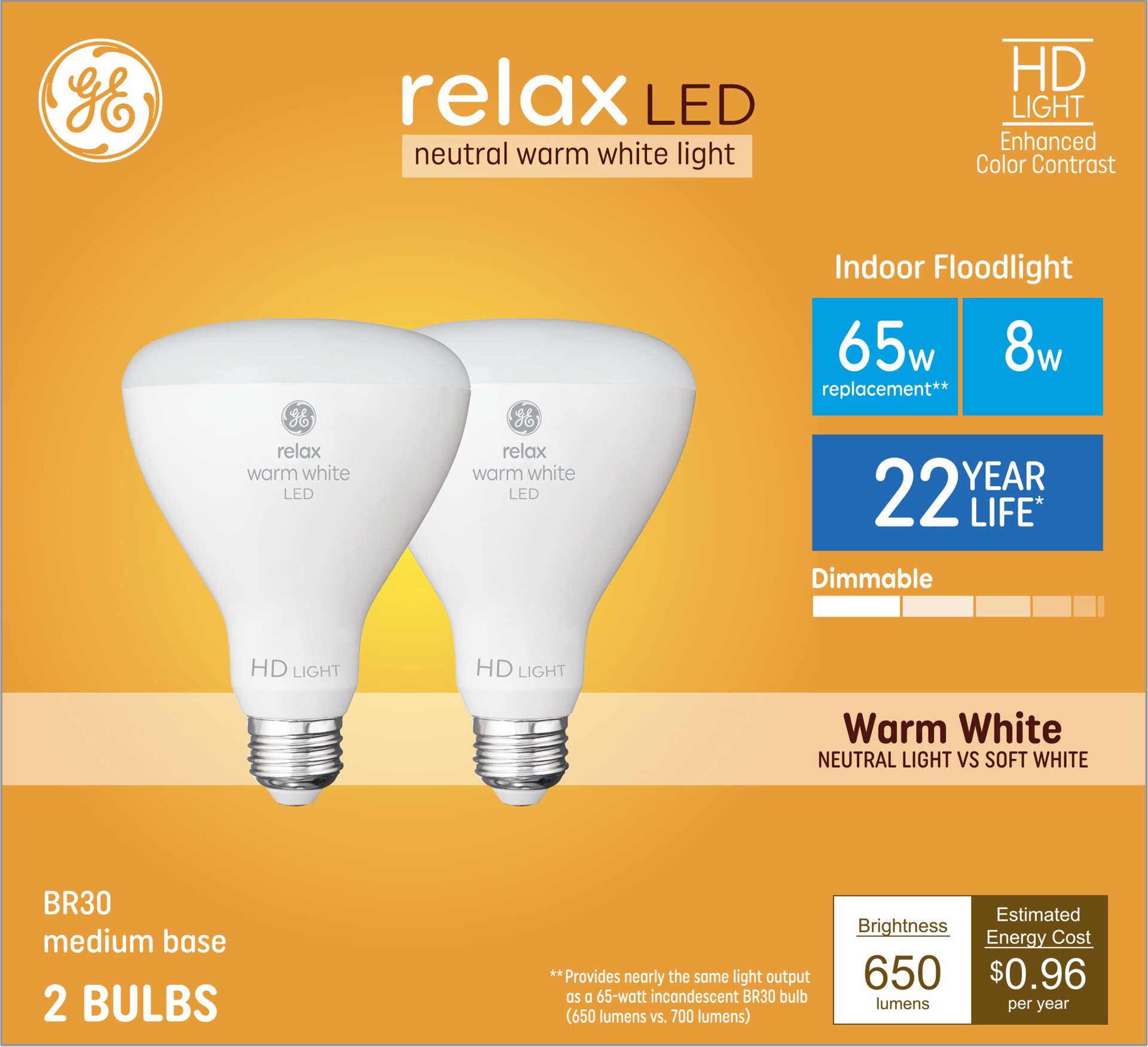 slide 1 of 6, GE Relax HD 65 -Watt EQ BR30 Warm white Medium base (E-26) Dimmable LED Spot Flood Light Bulb 2 -Pack, 1 ct