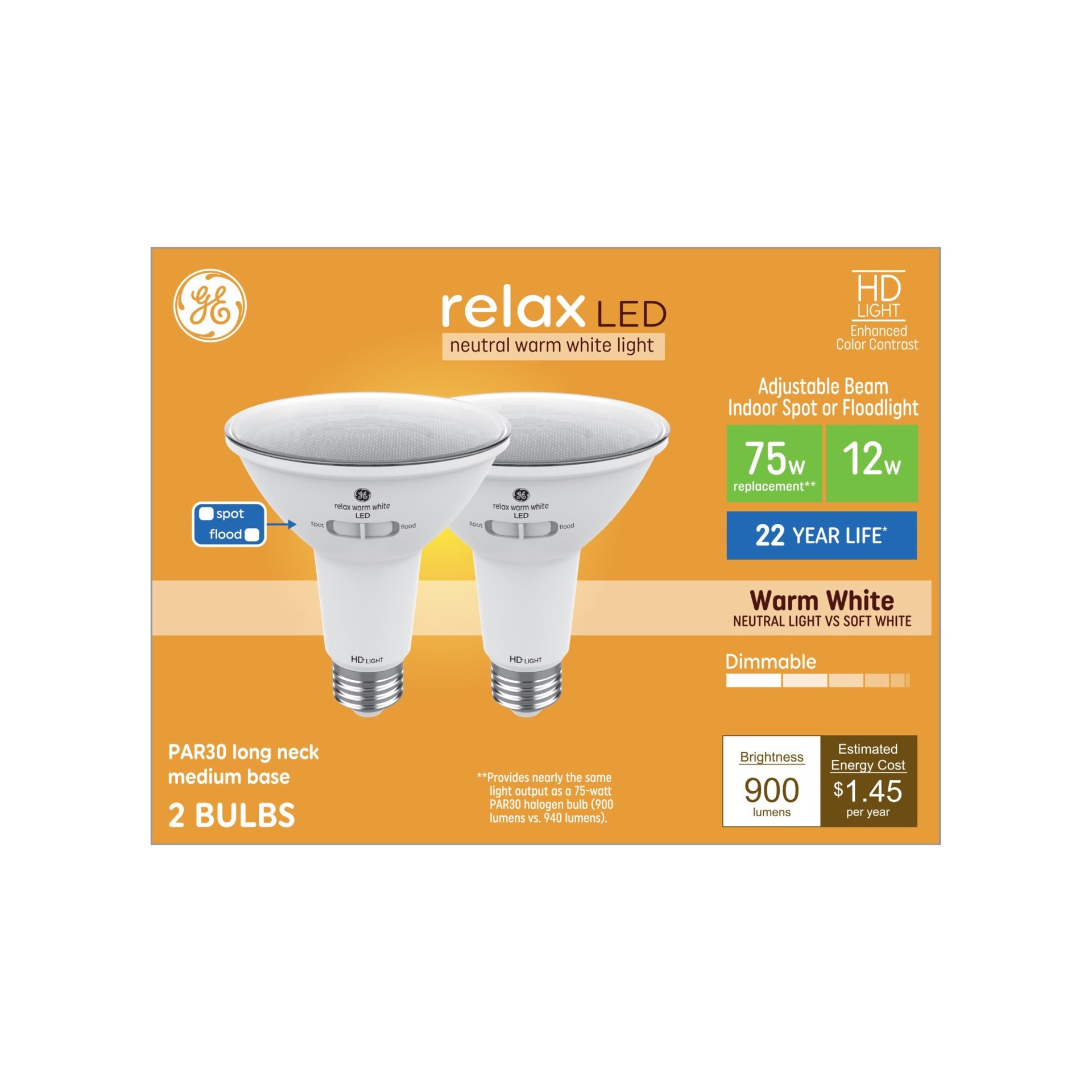 slide 4 of 6, GE Relax HD 75 -Watt EQ PAR30 Long Neck Warm white Medium base (E-26) Dimmable LED Spot Flood Light Bulb 2 -Pack, 1 ct