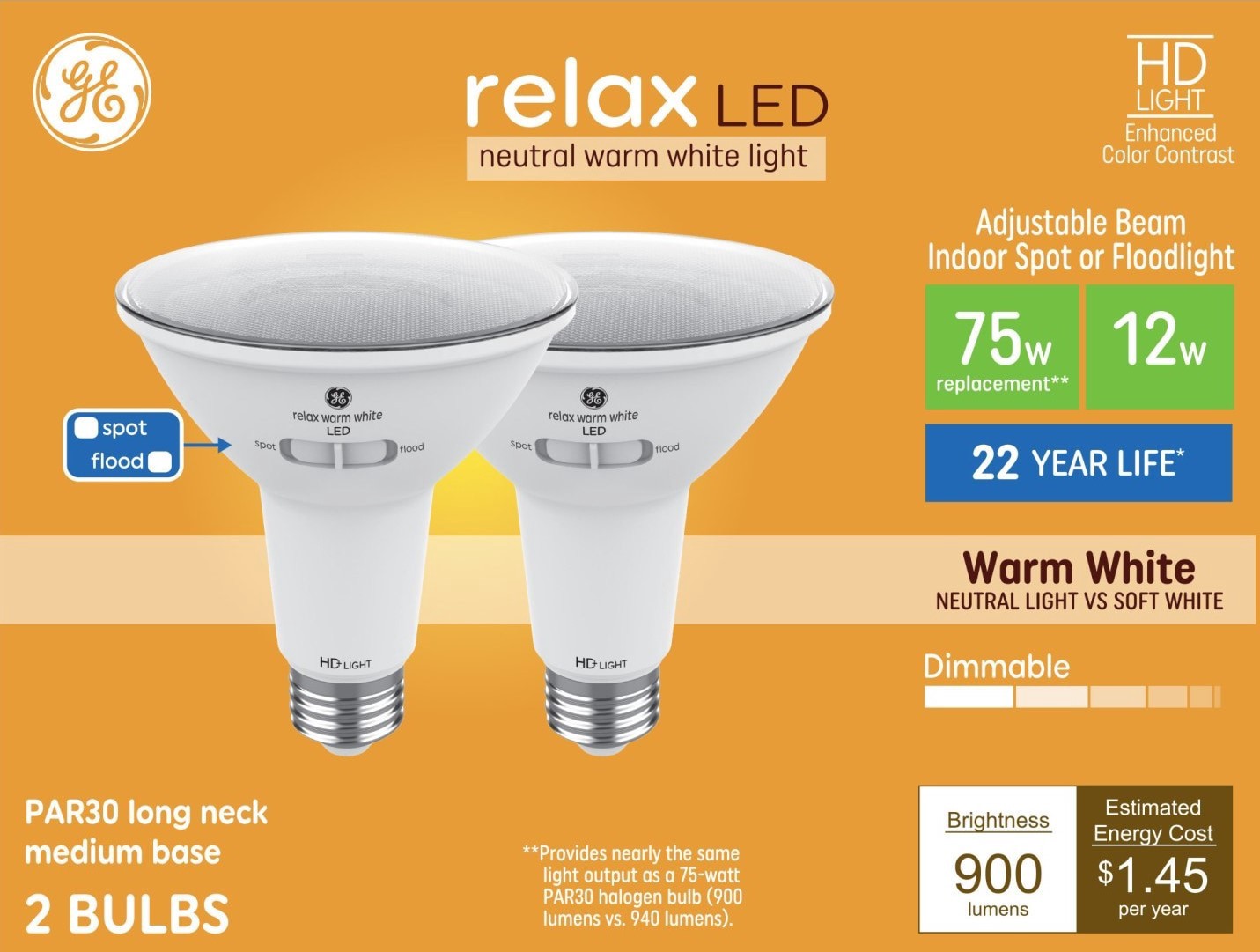 slide 1 of 6, GE Relax HD 75 -Watt EQ PAR30 Long Neck Warm white Medium base (E-26) Dimmable LED Spot Flood Light Bulb 2 -Pack, 1 ct