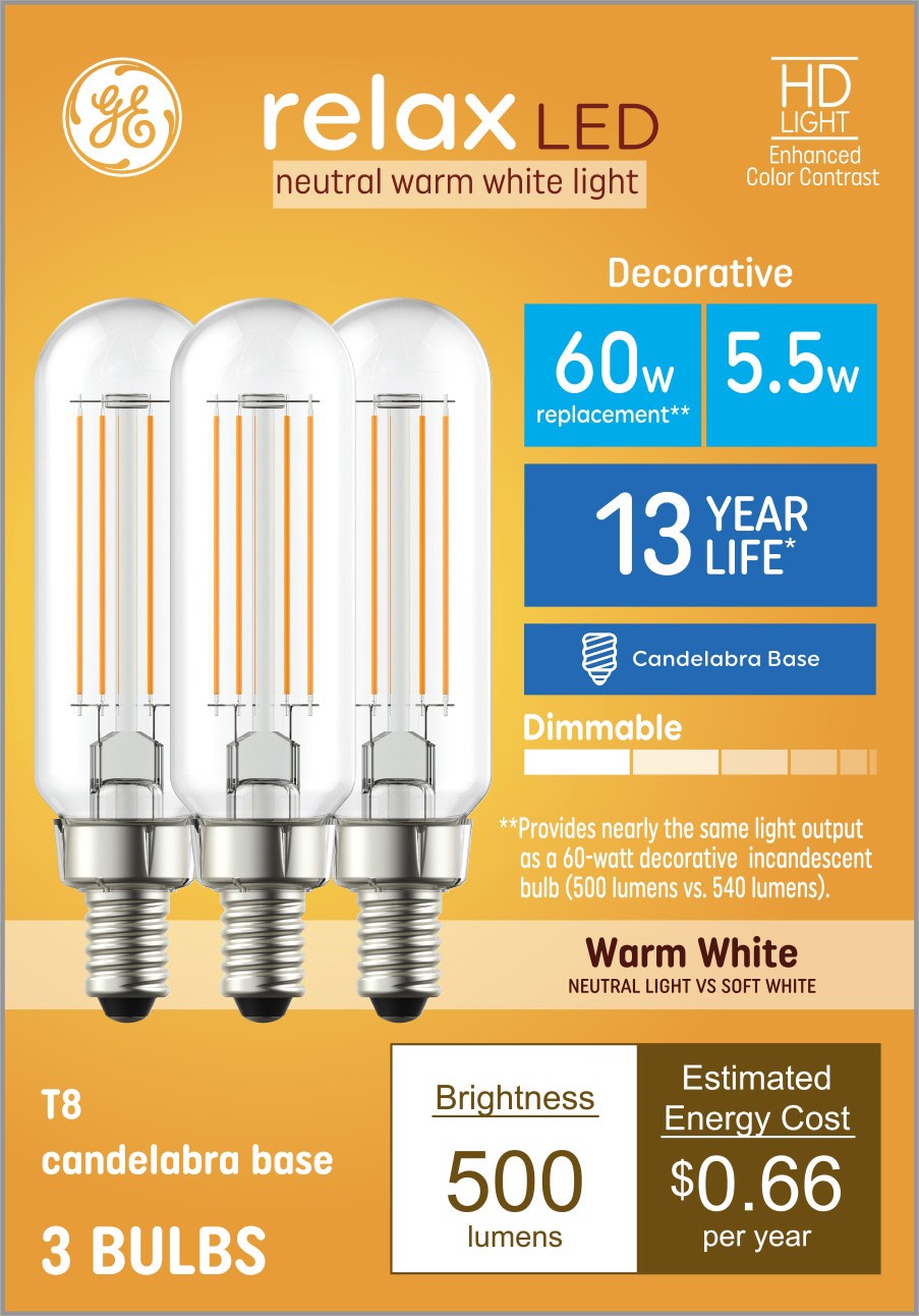 slide 1 of 6, GE 60 -Watt EQ T8 Warm white Candelabra base (E-12) Dimmable LED General purpose Light Bulb 3 -Pack, 1 ct