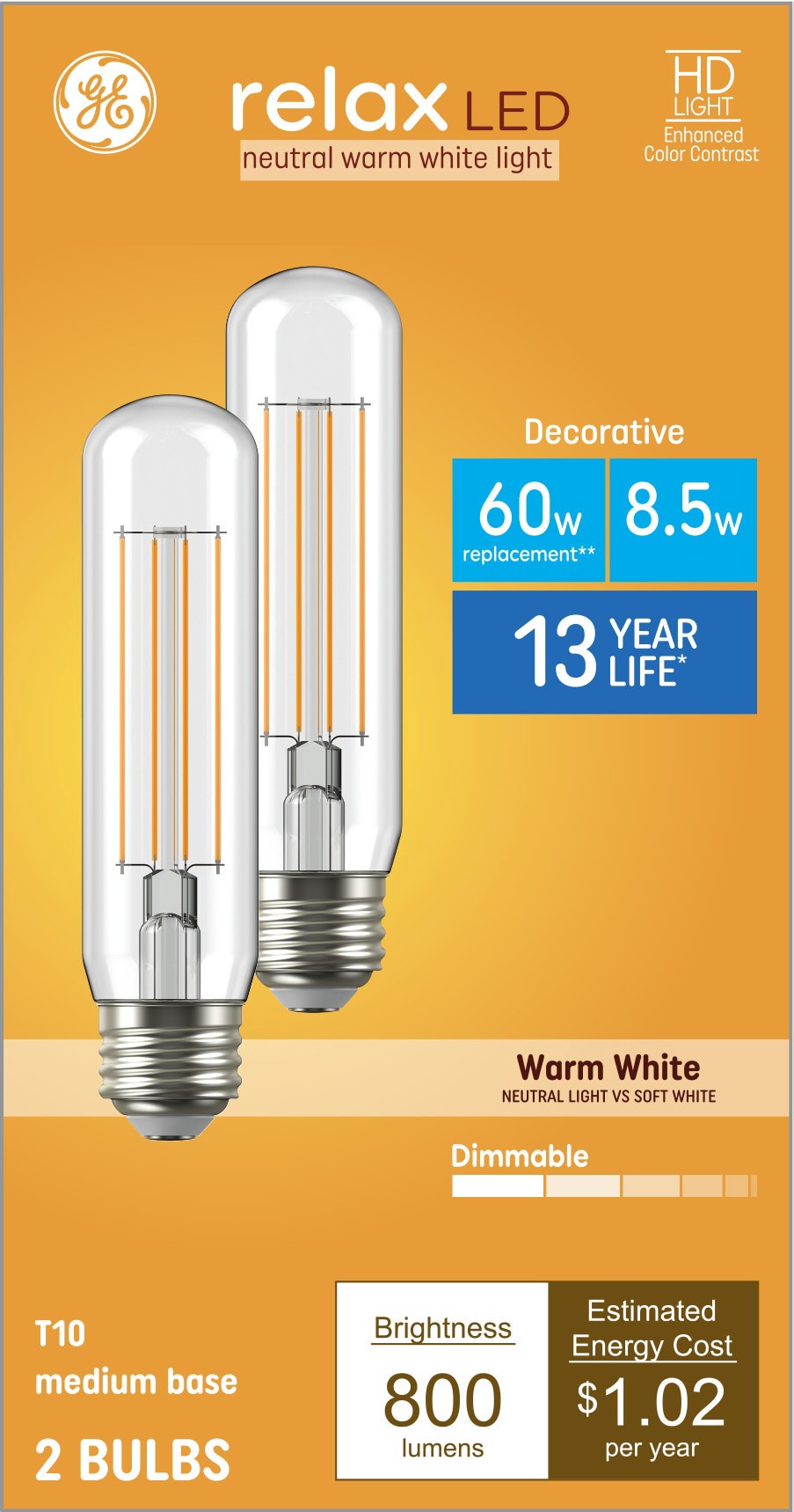 slide 1 of 6, GE Relax HD 60 -Watt EQ T10 Warm white Medium base (E-26) Dimmable LED Decorative Light Bulb 2 -Pack, 1 ct