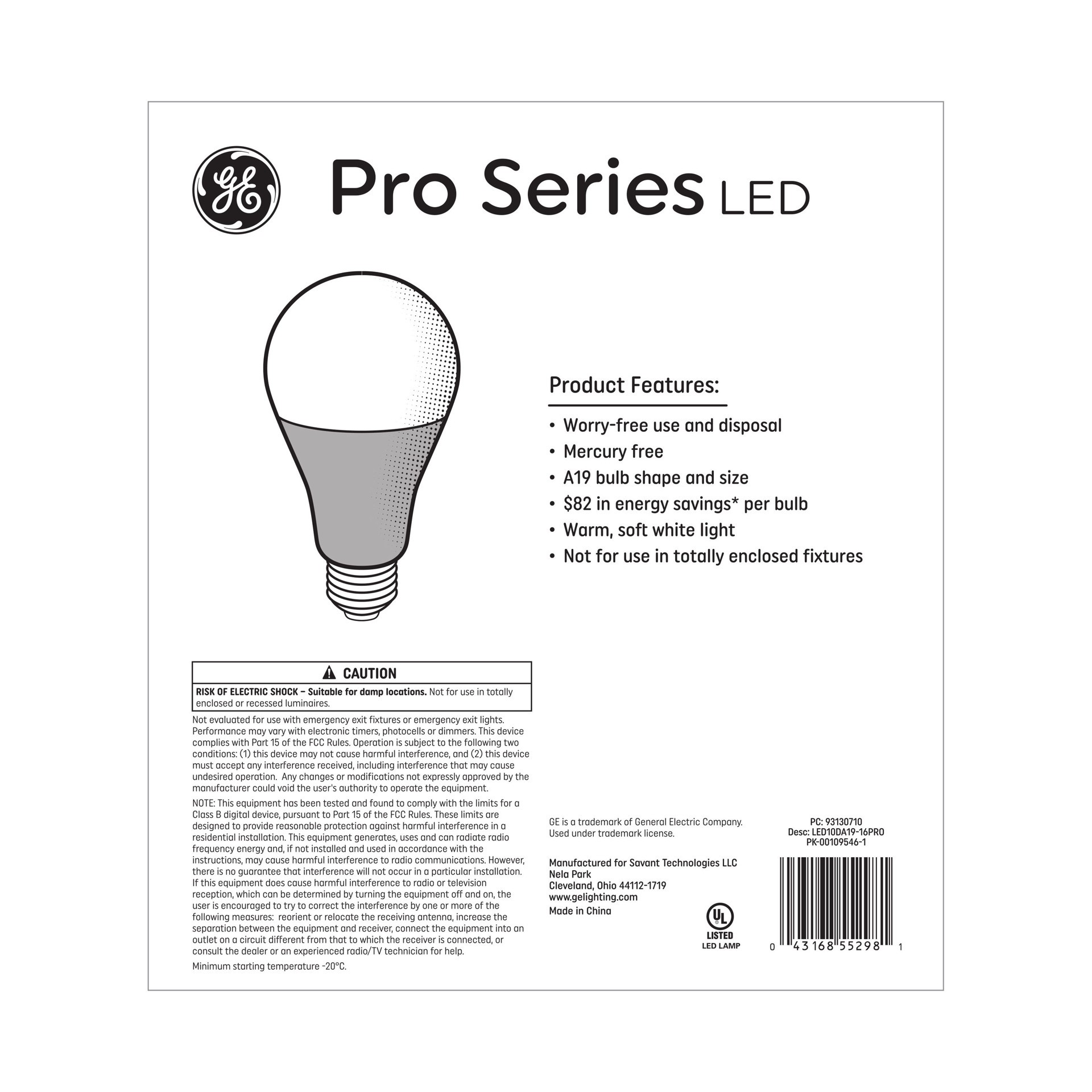 slide 4 of 6, GE Pro Series 60.0 -Watt EQ A19 Soft white Medium base (E-26) Dimmable LED General purpose Light Bulb 16.0 -Pack, 1 ct