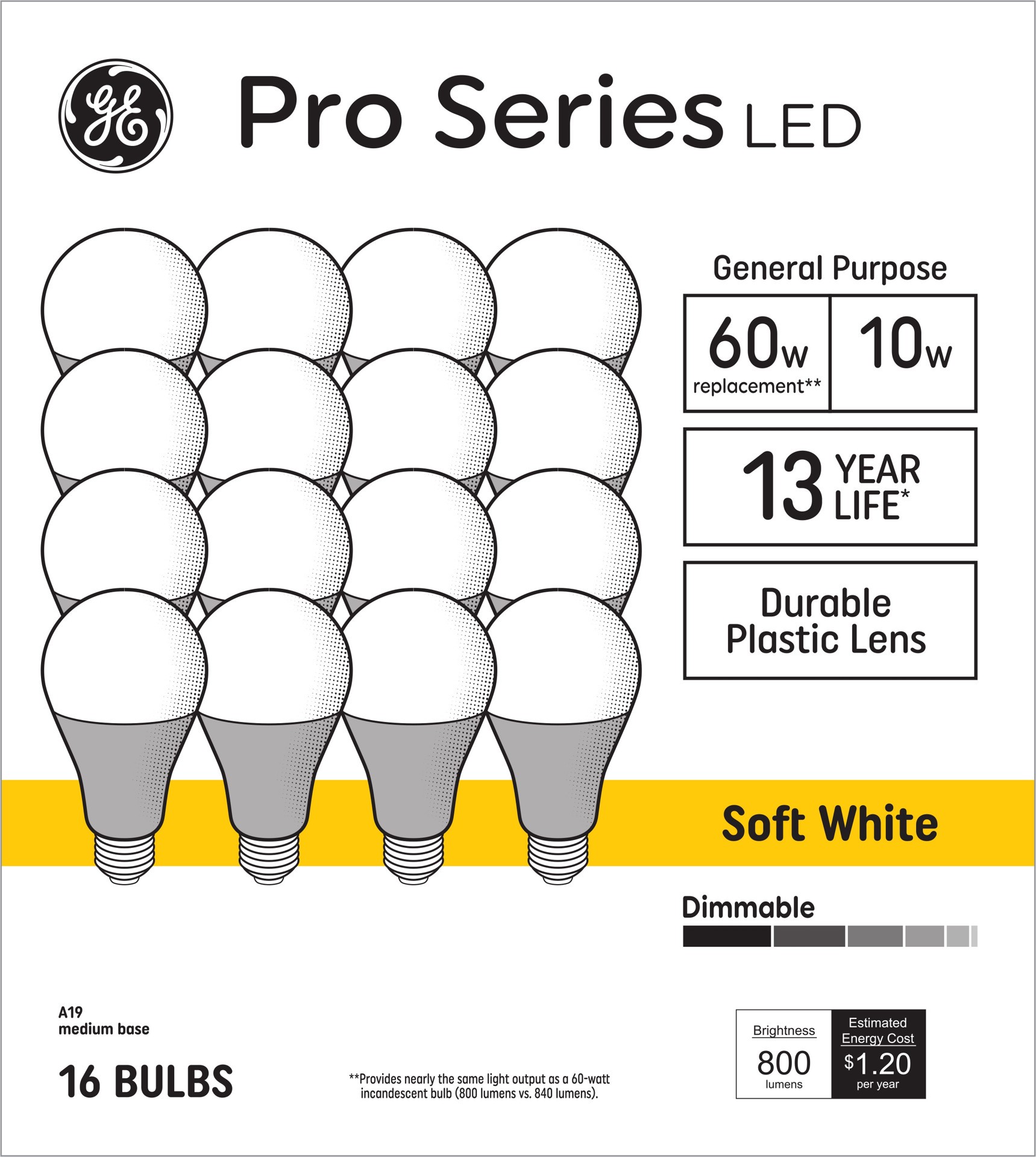 slide 1 of 6, GE Pro Series 60.0 -Watt EQ A19 Soft white Medium base (E-26) Dimmable LED General purpose Light Bulb 16.0 -Pack, 1 ct