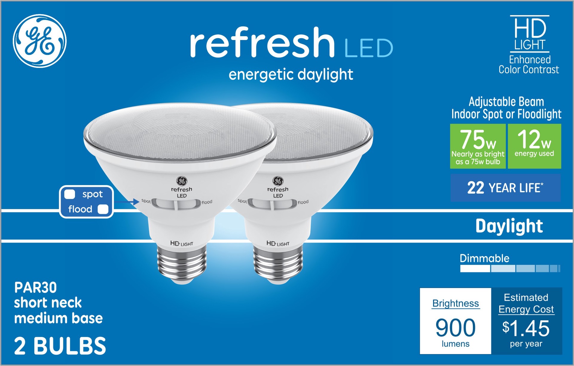 slide 1 of 6, GE Refresh HD 75 -Watt EQ PAR30 Short Neck Daylight Medium base (E-26) Dimmable LED Spot Flood Light Bulb 2 -Pack, 1 ct