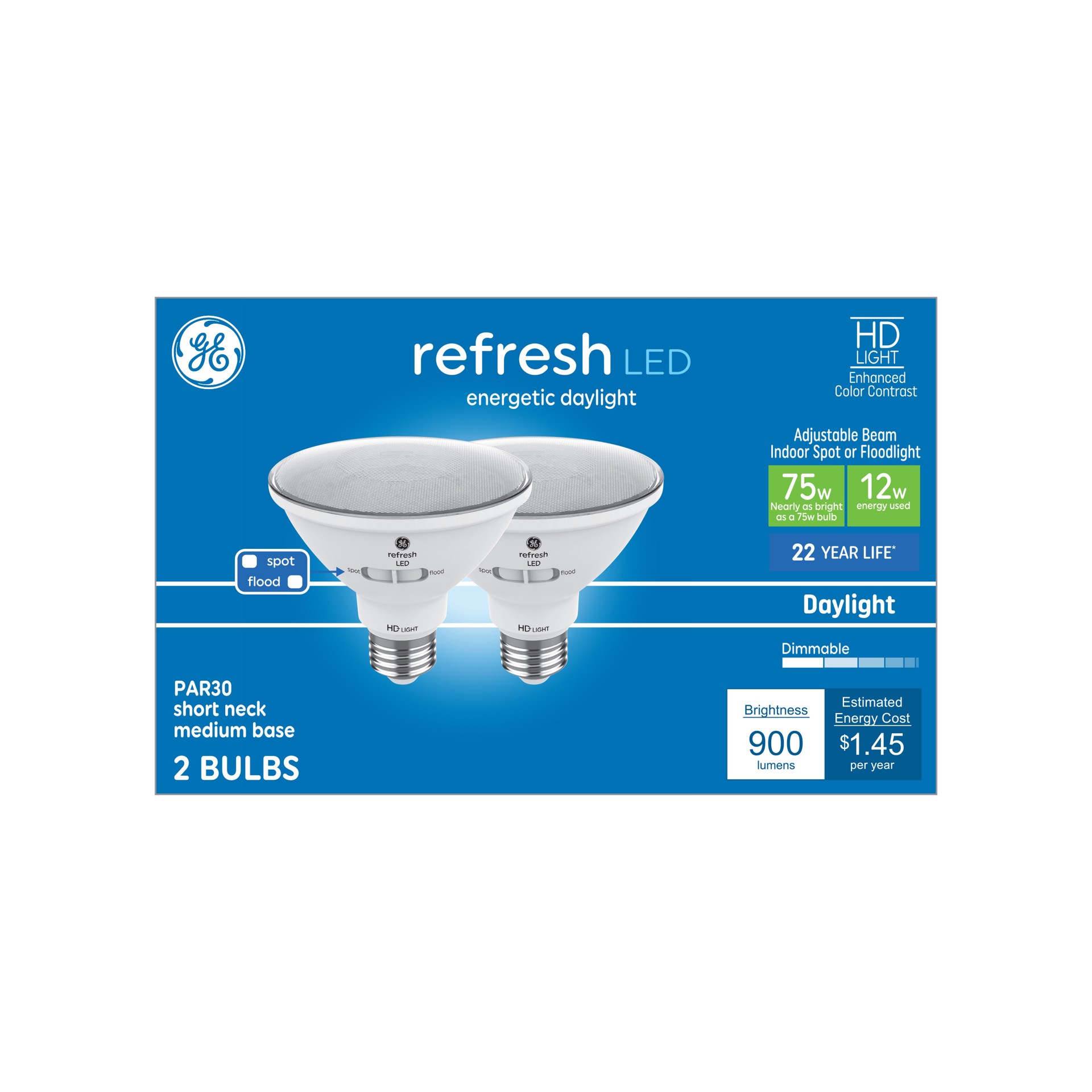 slide 4 of 6, GE Refresh HD 75 -Watt EQ PAR30 Short Neck Daylight Medium base (E-26) Dimmable LED Spot Flood Light Bulb 2 -Pack, 1 ct