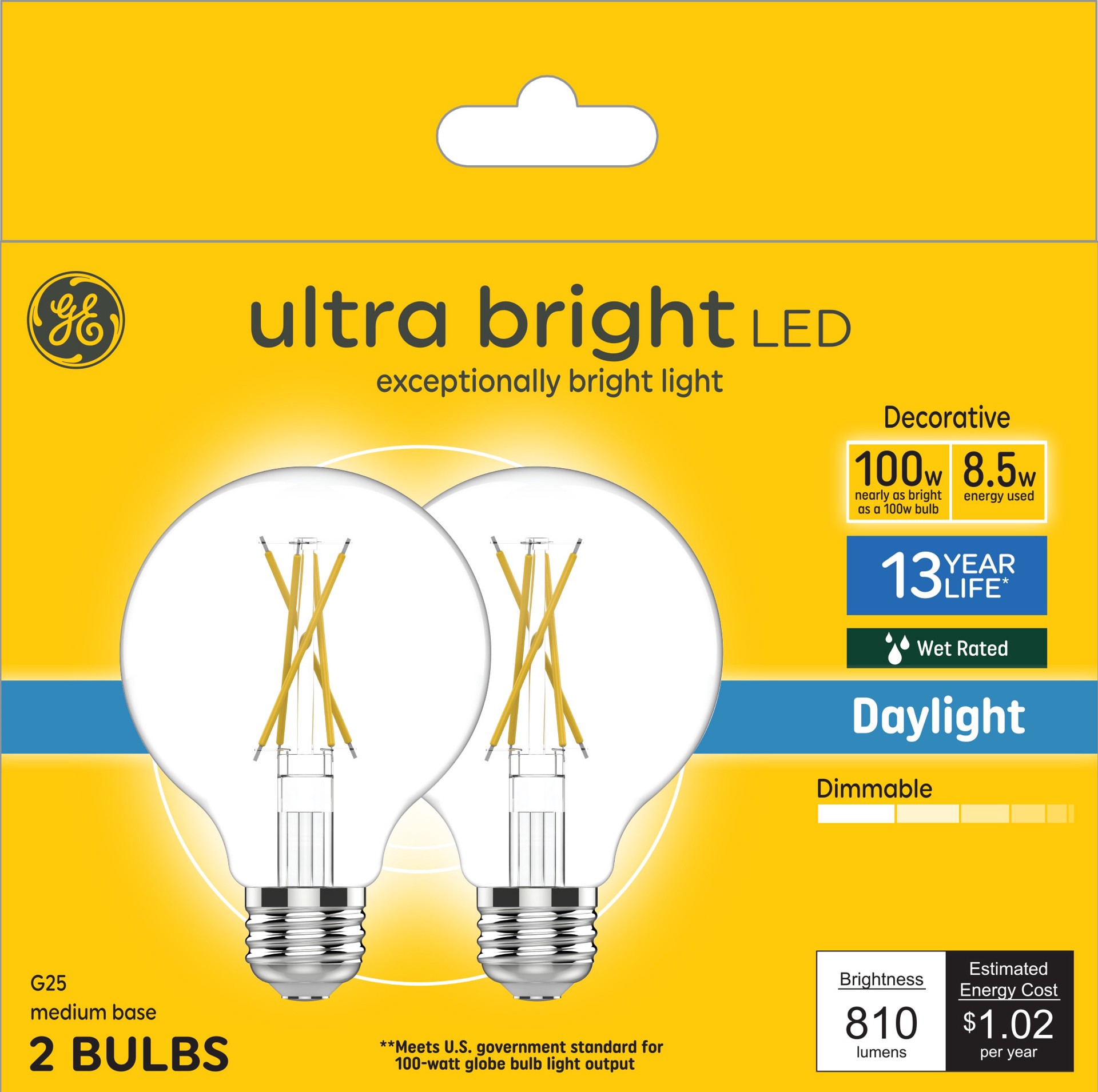 slide 1 of 6, GE Ultra Bright 100 -Watt EQ G25 Daylight Medium base (E-26) Dimmable LED Decorative Light Bulb 2 -Pack, 1 ct
