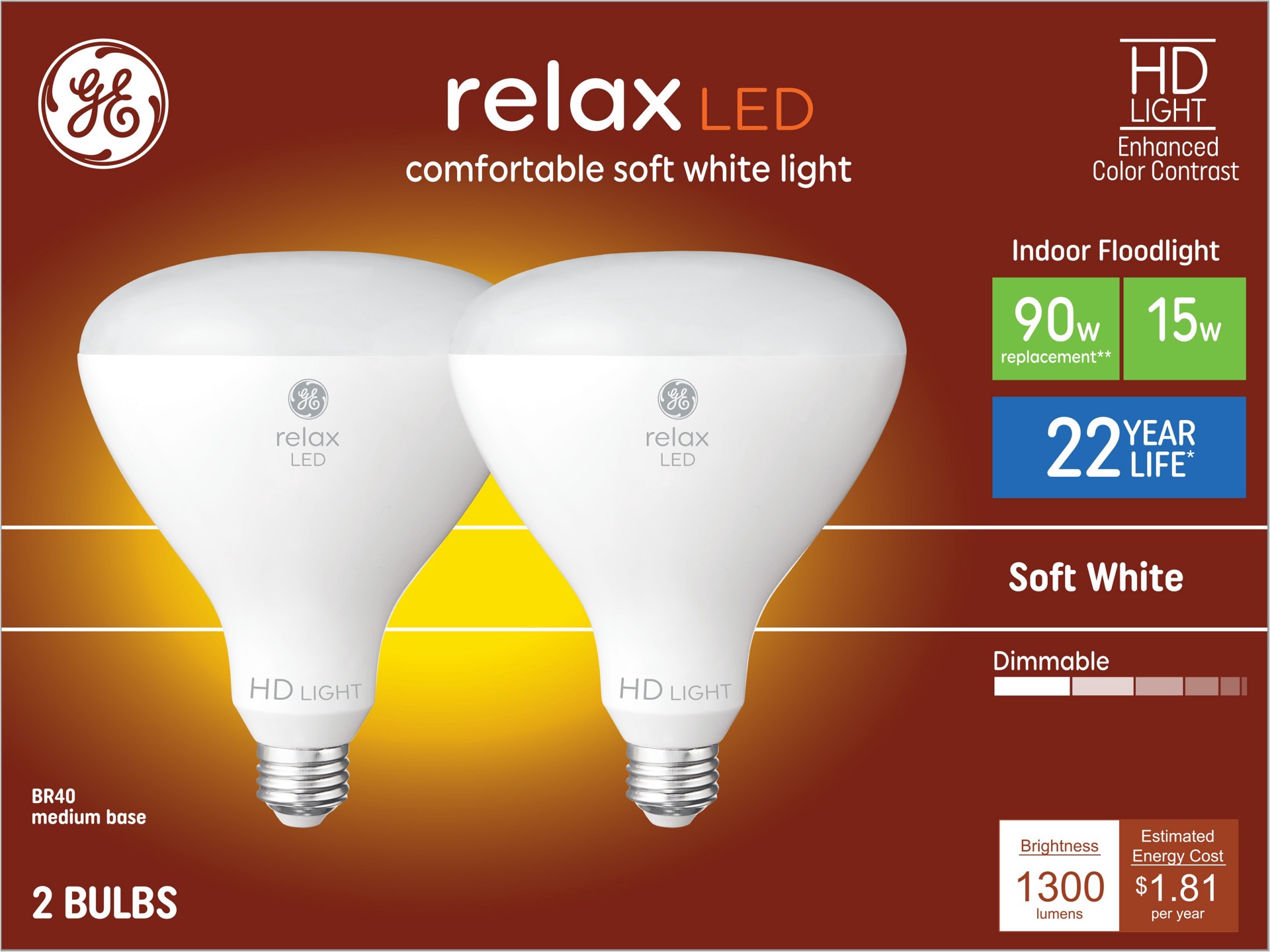 slide 1 of 6, GE Relax HD 90 -Watt EQ BR40 Soft white Medium base (E-26) Dimmable LED Spot Flood Light Bulb 2 -Pack, 1 ct