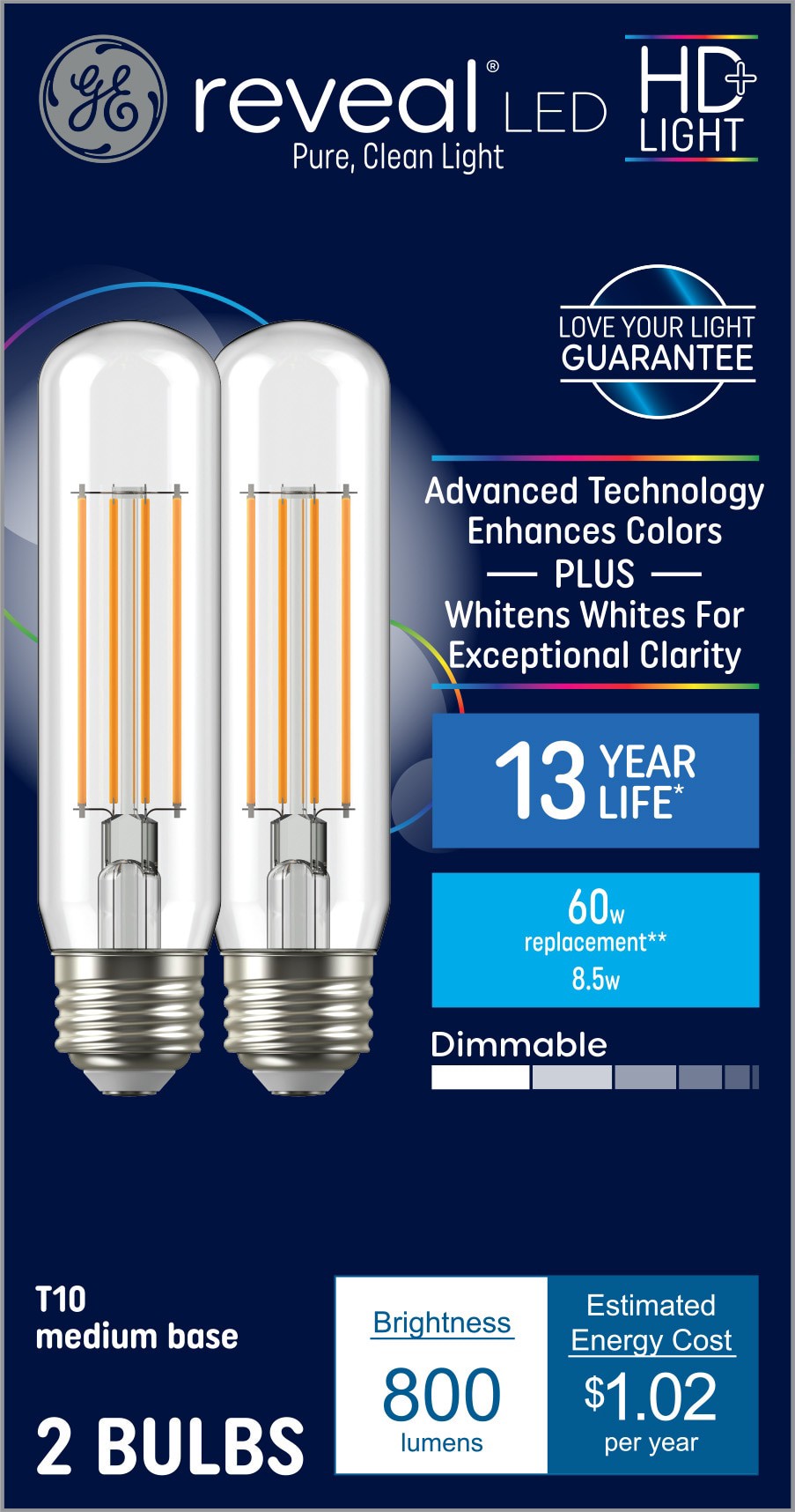 slide 1 of 6, GE Reveal HD 60 -Watt EQ T10 Color-enhancing Medium base (E-26) Dimmable LED Decorative Light Bulb 2 -Pack, 1 ct