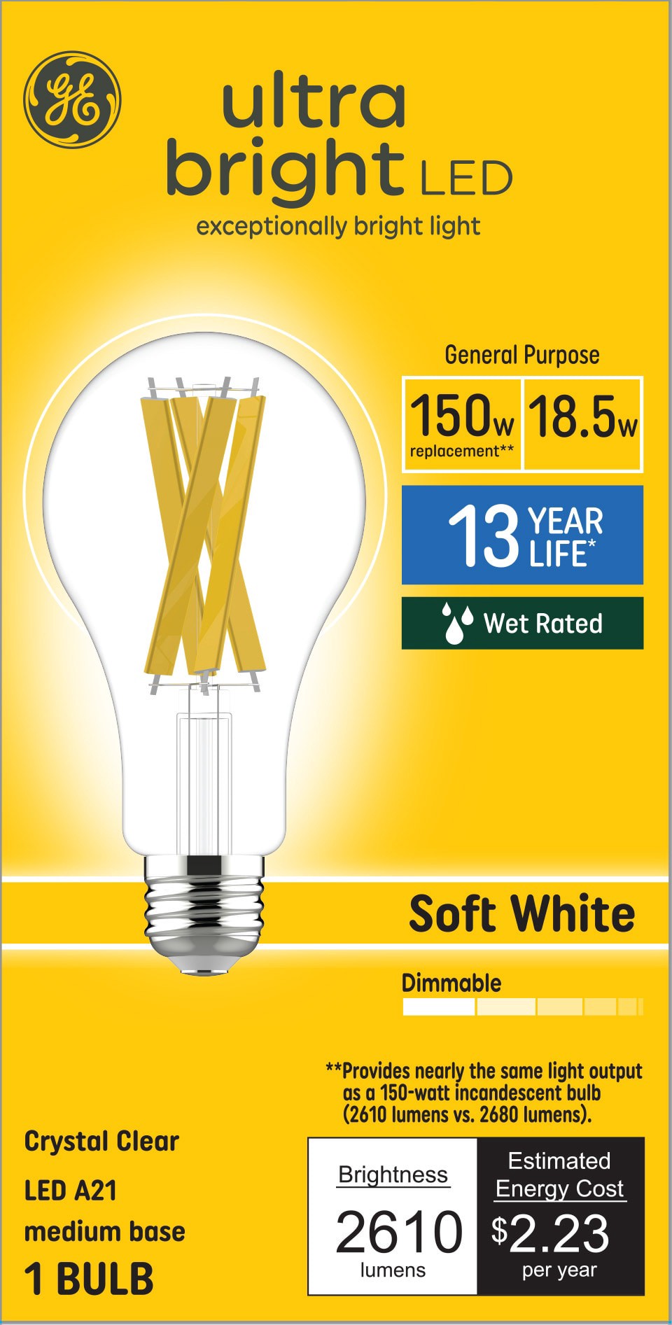 slide 1 of 6, GE 150 -Watt EQ A21 Soft white Medium base (E-26) Dimmable LED General purpose Light Bulb, 1 ct
