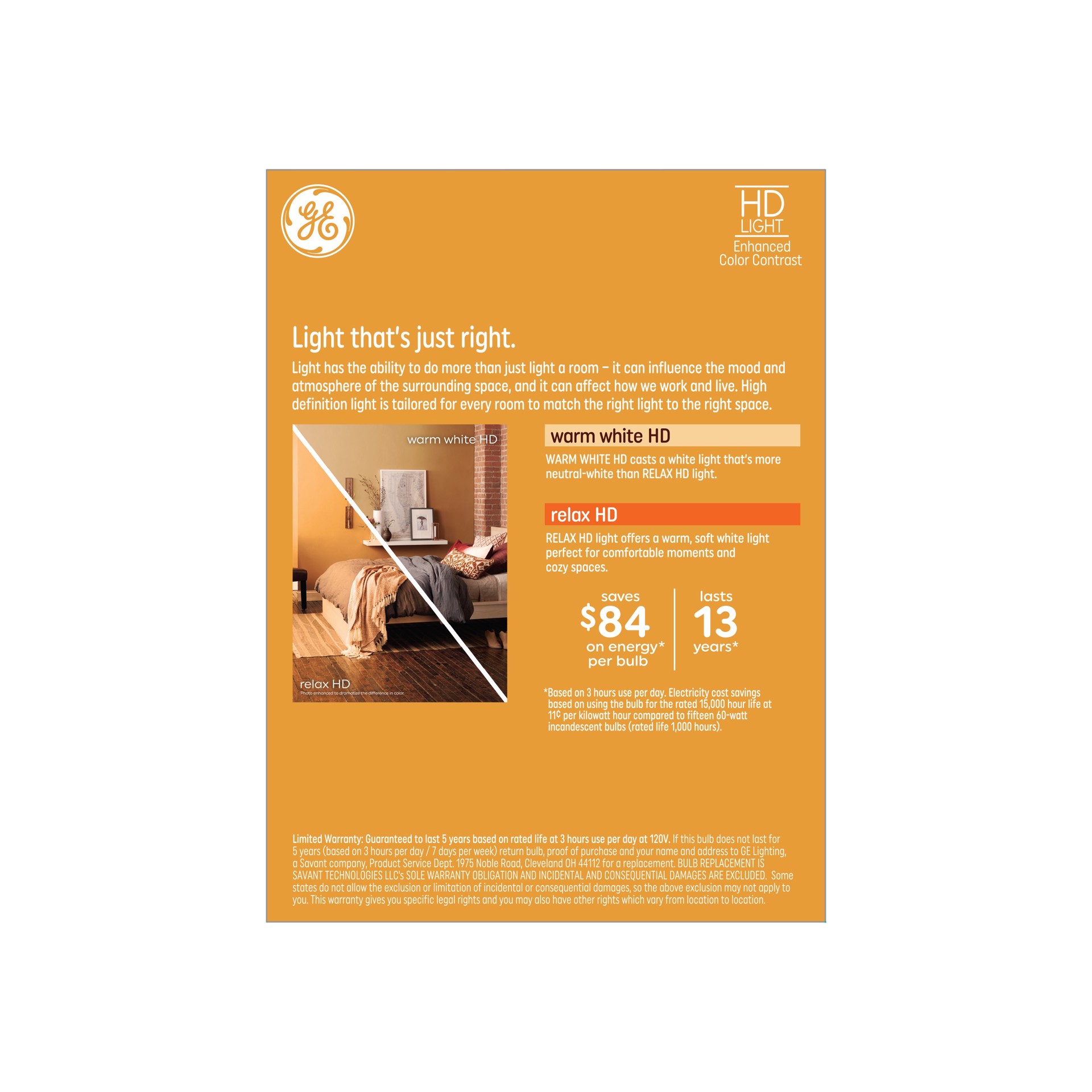 slide 4 of 6, GE Relax HD 60 -Watt EQ A19 Warm white Medium base (E-26) Dimmable LED General purpose Light Bulb 4 -Pack, 1 ct