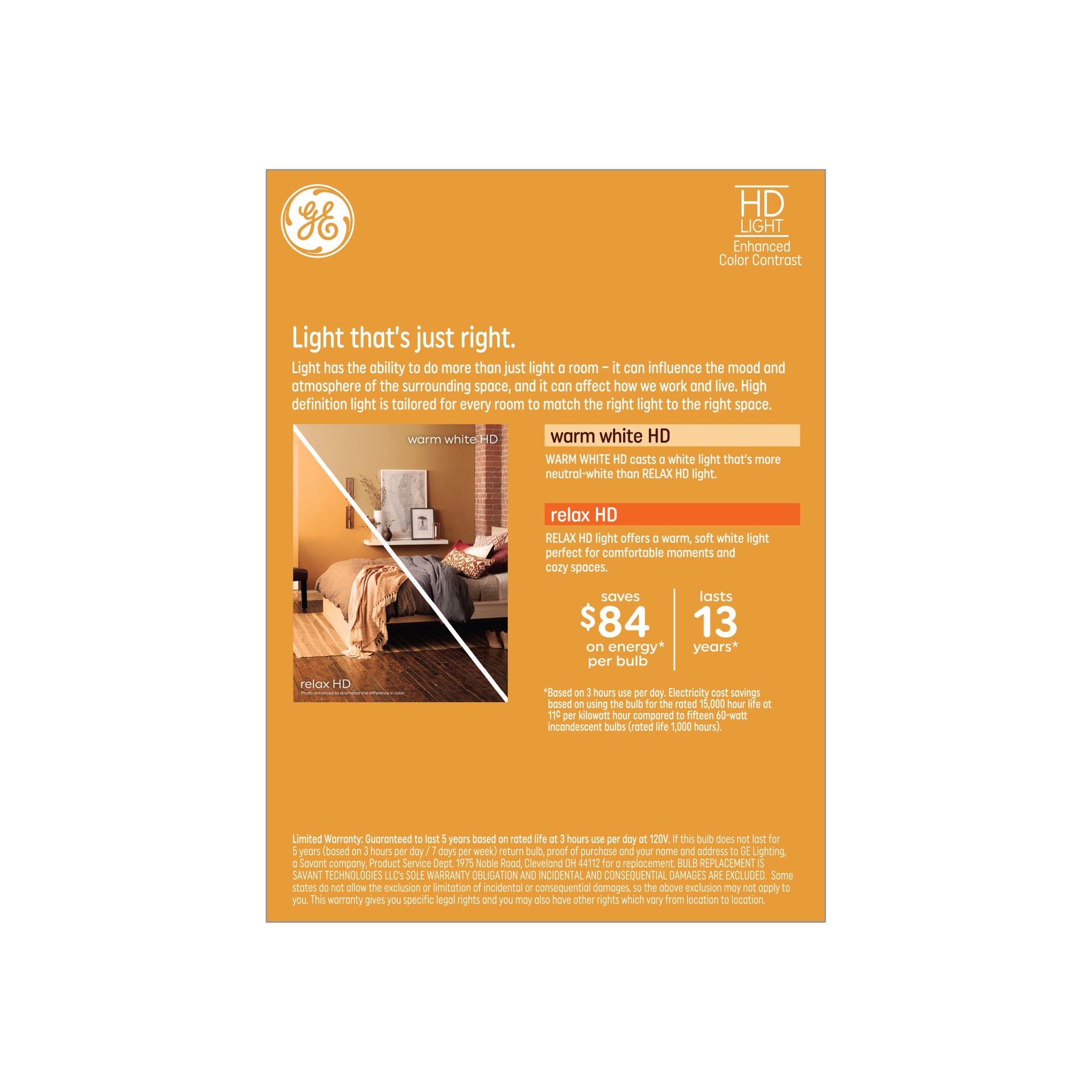 slide 4 of 6, GE Relax HD 60 -Watt EQ A19 Warm white Medium base (E-26) Dimmable LED General purpose Light Bulb 4 -Pack, 1 ct