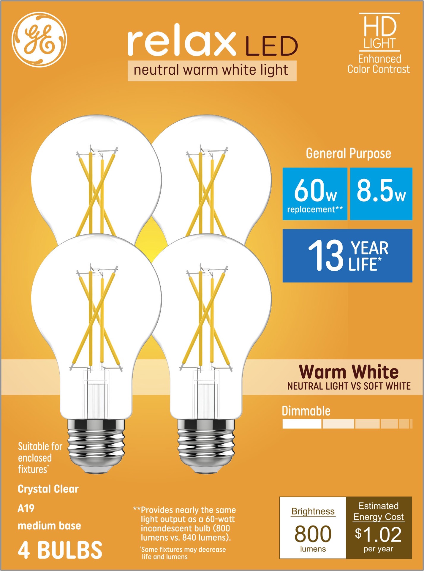 slide 1 of 6, GE Relax HD 60 -Watt EQ A19 Warm white Medium base (E-26) Dimmable LED General purpose Light Bulb 4 -Pack, 1 ct