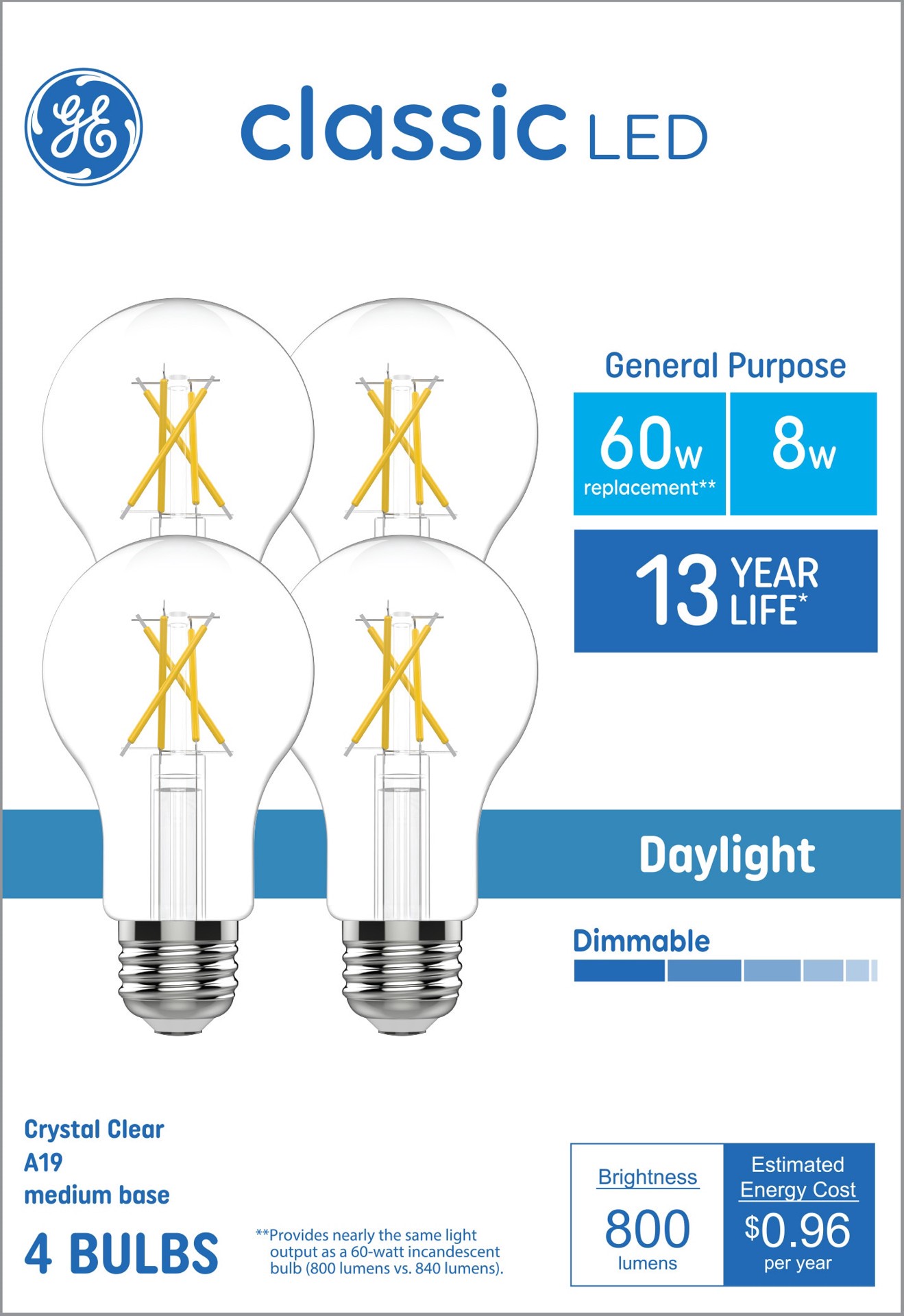 slide 1 of 6, GE 60 -Watt EQ A19 Daylight Dimmable LED General purpose Light Bulb 4 -Pack, 1 ct