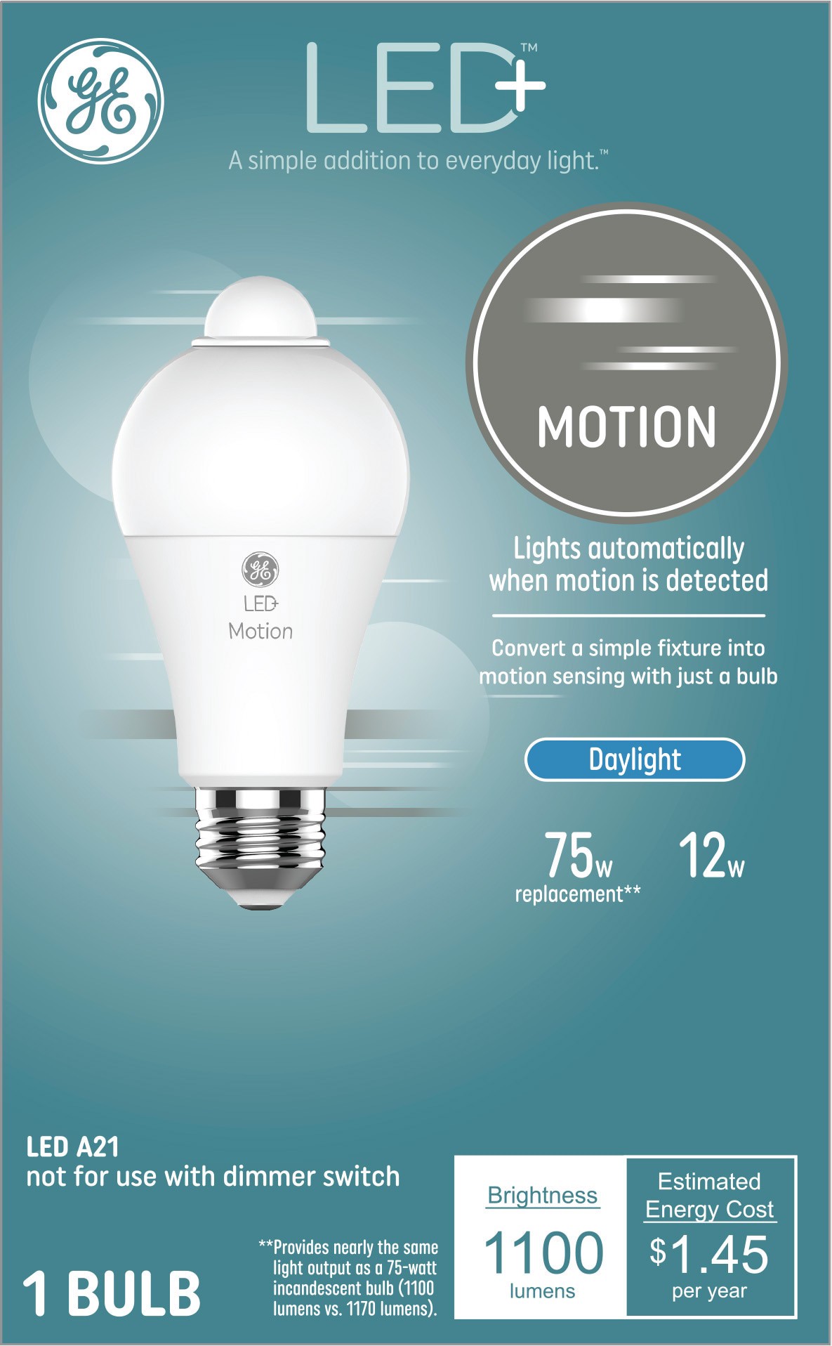 slide 4 of 6, GE LED+ Motion 75 -Watt EQ A21 Daylight Medium base (E-26) LED General purpose Light Bulb, 1 ct