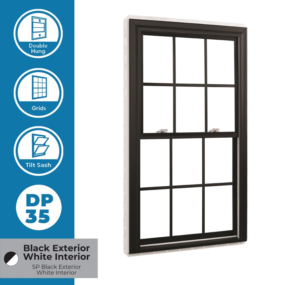 slide 4 of 6, RELIABILT 3201 Series 23-1/2-in x 37-1/2-in Black Exterior White Interior Vinyl New construction Double Hung Window Low-E argon Double Pane Glass with Grids (Half Screen Included), 1 ct