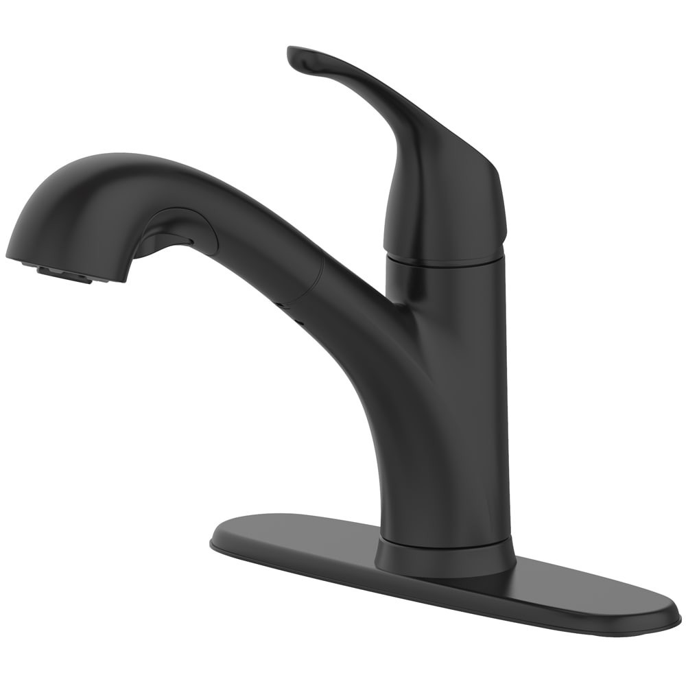 slide 2 of 6, Project Source EVERFIELD Matte Black Single Handle Deck-mount Pull-out Kitchen Faucet with Sprayer (Includes Deck Plate), 1 ct