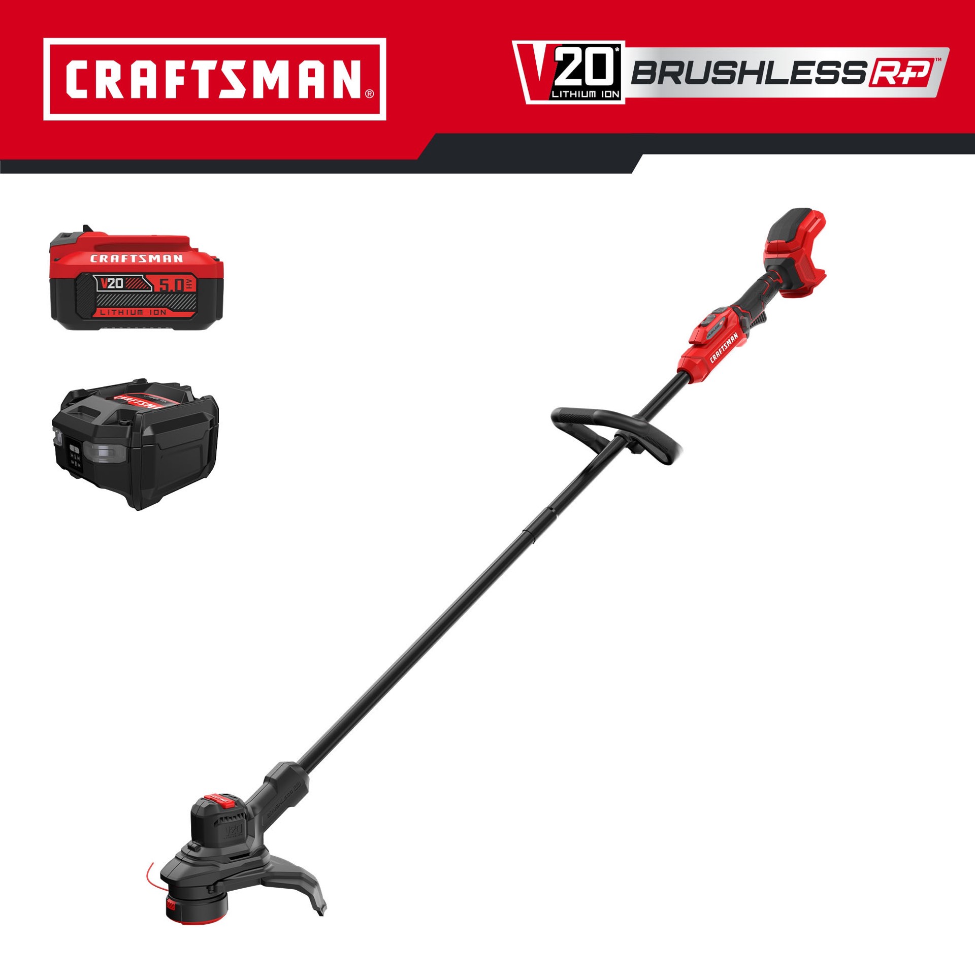 slide 3 of 6, CRAFTSMAN V20 Brushless RP 20-volt max 13-in Straight Shaft Battery String Trimmer 5 Ah (Battery Included) (Charger Included), 1 ct