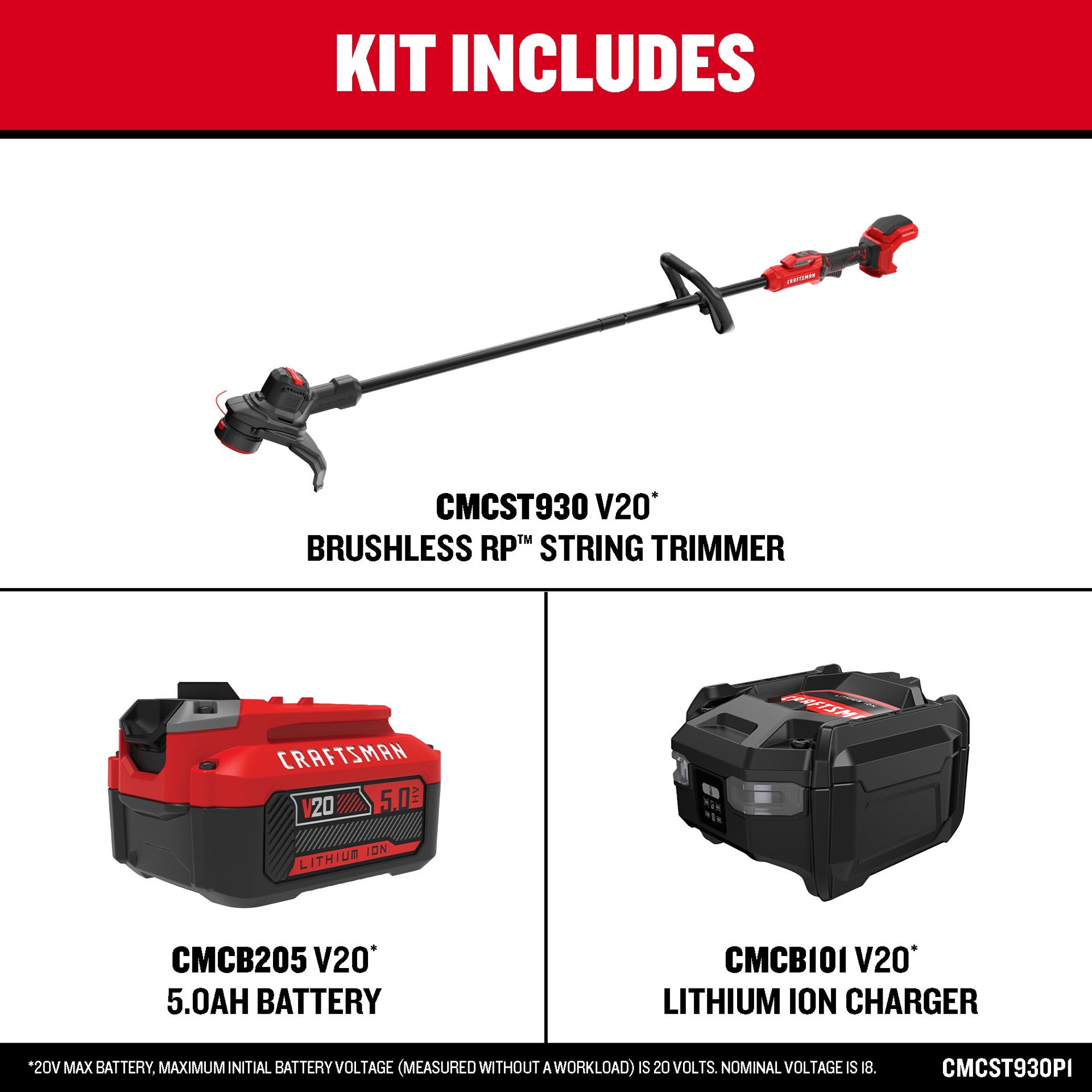 slide 4 of 6, CRAFTSMAN V20 Brushless RP 20-volt max 13-in Straight Shaft Battery String Trimmer 5 Ah (Battery Included) (Charger Included), 1 ct