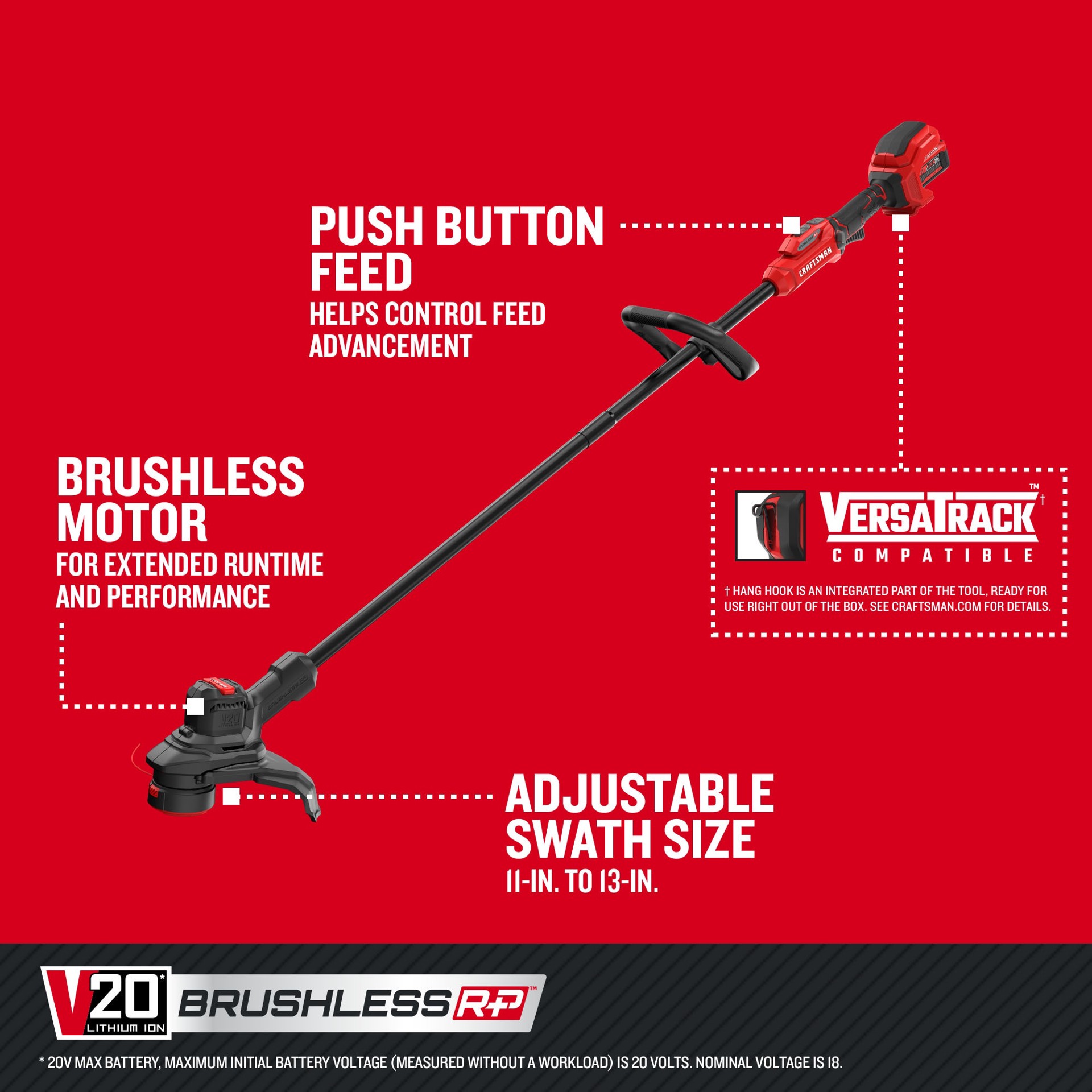 slide 5 of 6, CRAFTSMAN V20 Brushless RP 20-volt max 13-in Straight Shaft Battery String Trimmer 5 Ah (Battery Included) (Charger Included), 1 ct