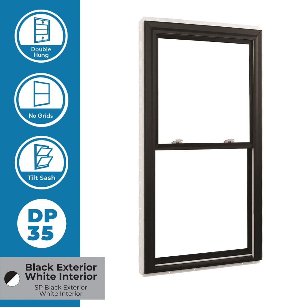 slide 6 of 6, RELIABILT 3201 Series 35-1/2-in x 45-1/2-in Black Exterior White Interior Vinyl New construction Double Hung Window Low-E argon Double Pane Glass (Half Screen Included), 1 ct