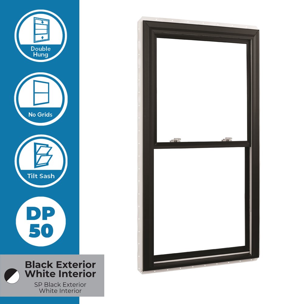 slide 6 of 6, RELIABILT 3201 Series 35-1/2-in x 53-1/2-in Black Exterior White Interior Vinyl New construction Double Hung Window Low-E argon Double Pane Glass (Half Screen Included), 1 ct