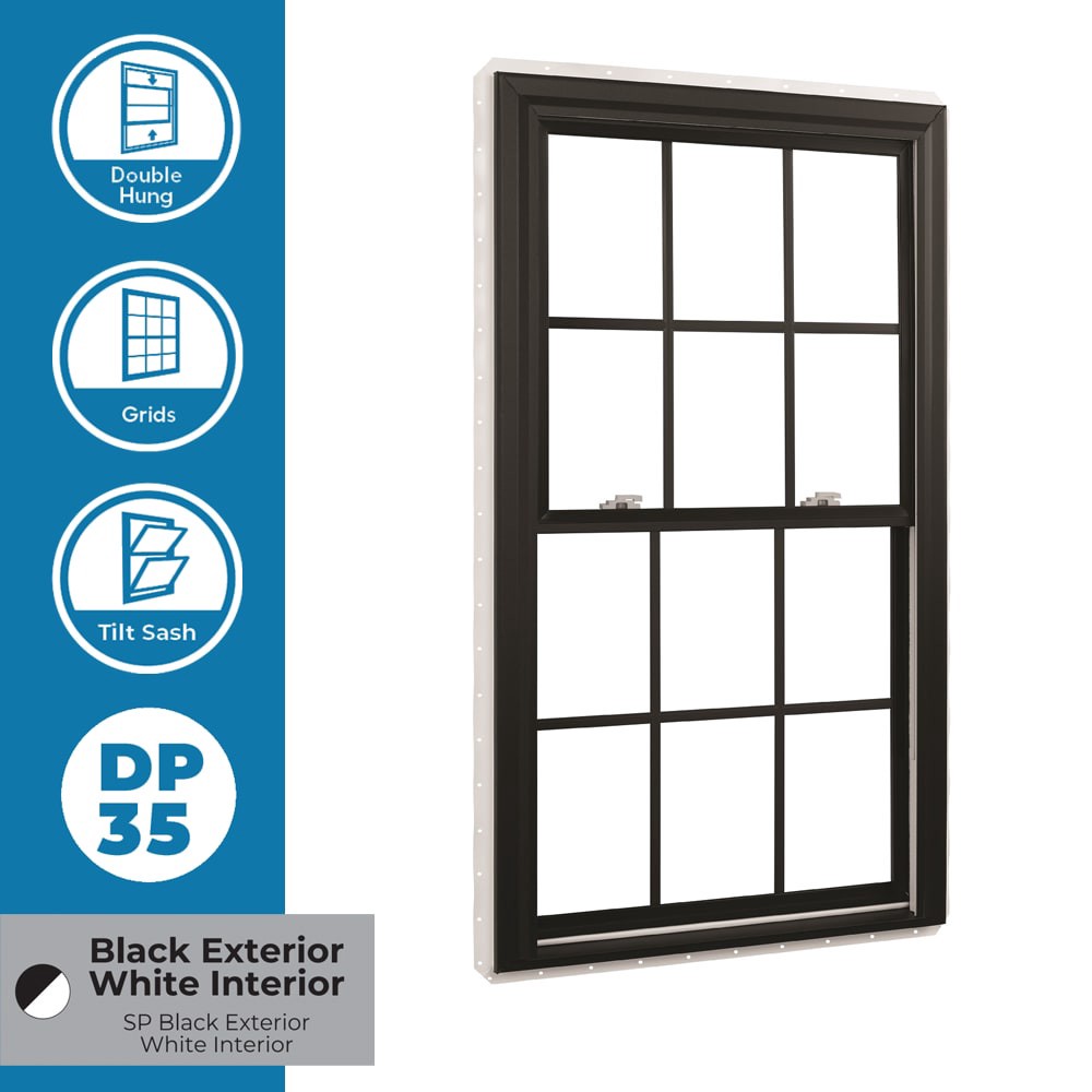 slide 5 of 6, RELIABILT 3201 Series 35-1/2-in x 45-1/2-in Black Exterior White Interior Vinyl New construction Double Hung Window Low-E argon Double Pane Glass with Grids (Half Screen Included), 1 ct