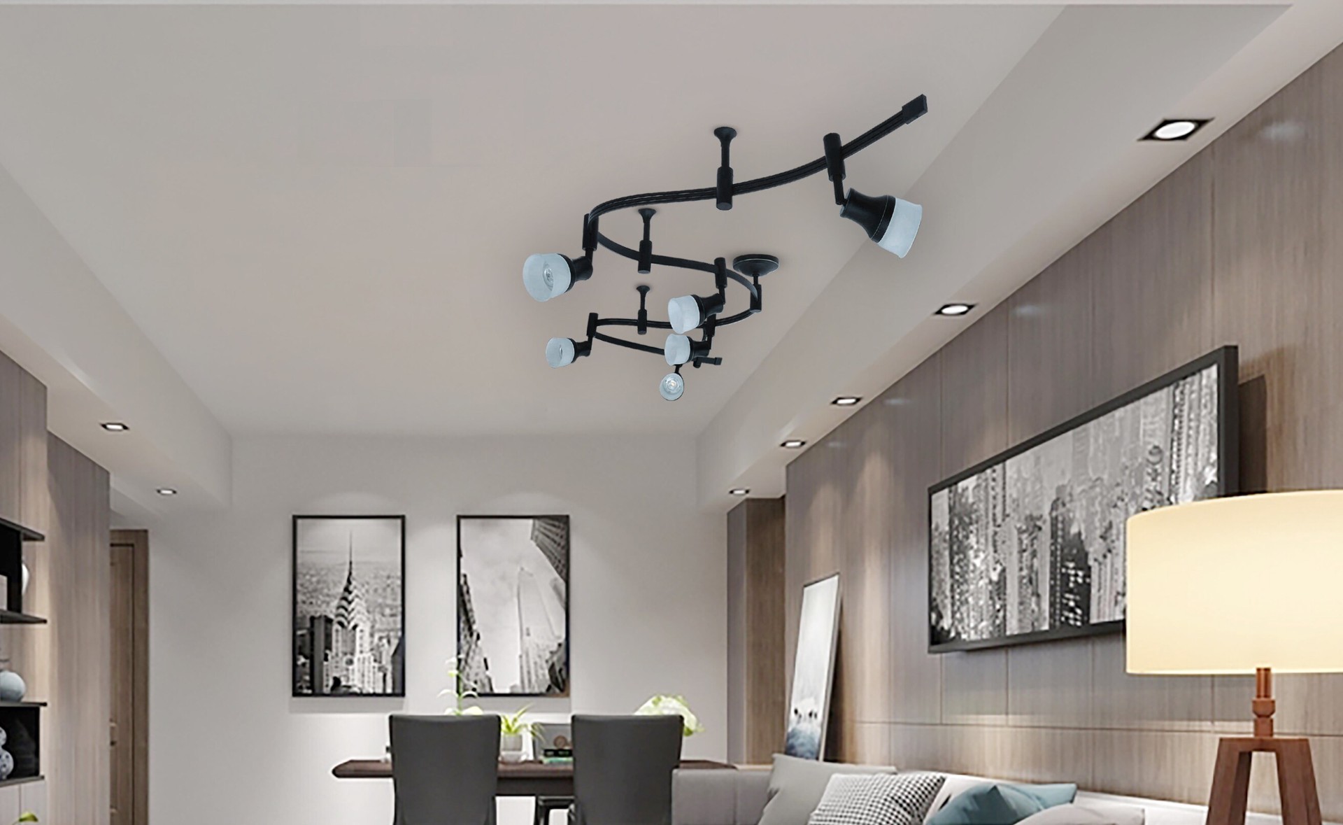 slide 4 of 4, allen + roth 99.6-in 6 -Light Black dimmable Integrated Modern/contemporary Flexible Track Lighting Kit with Round Steel/black Pivoting Heads, 1 ct