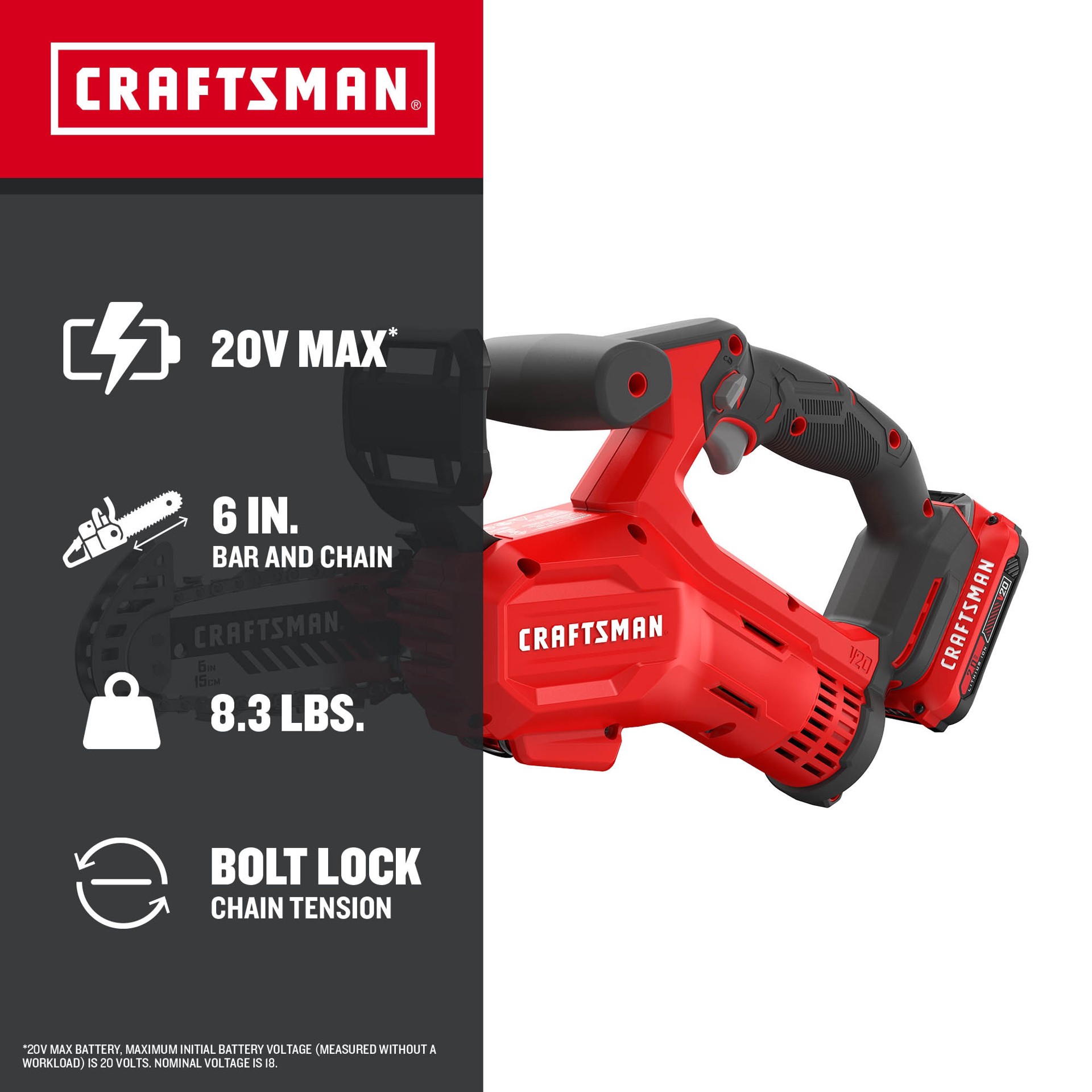 slide 2 of 6, CRAFTSMAN V20 20-volt max 6-in Battery 2 Ah Chainsaw Battery Included Charger Included, 1 ct