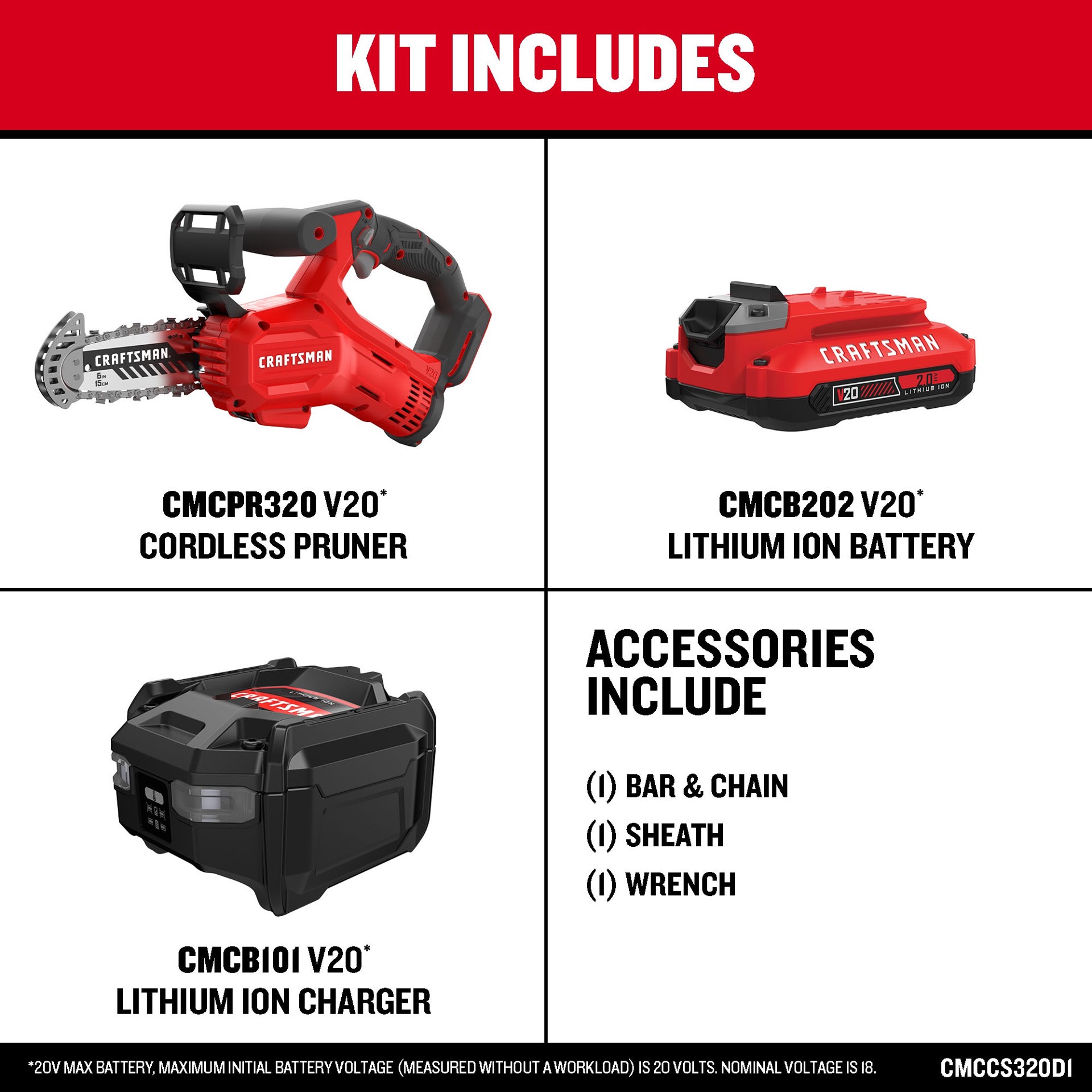 slide 4 of 6, CRAFTSMAN V20 20-volt max 6-in Battery 2 Ah Chainsaw Battery Included Charger Included, 1 ct