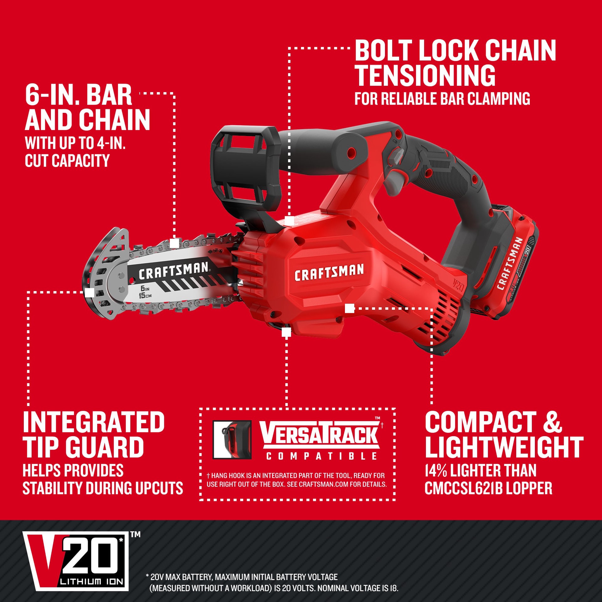 slide 5 of 6, CRAFTSMAN V20 20-volt max 6-in Battery 2 Ah Chainsaw Battery Included Charger Included, 1 ct