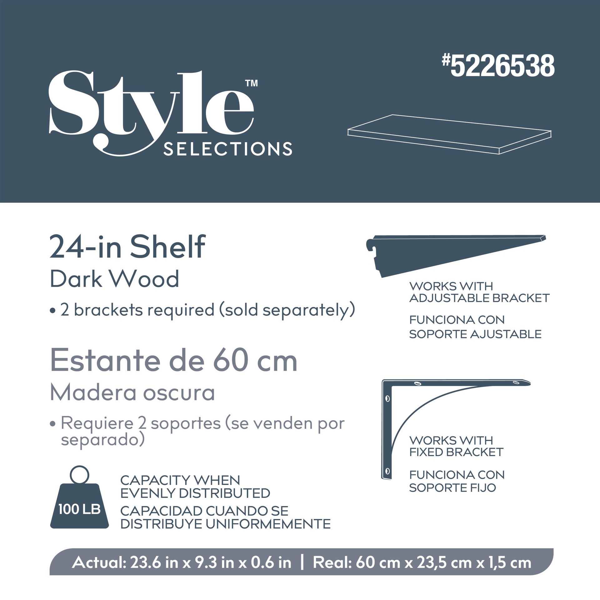 slide 4 of 6, Style Selections 23.6-in L x 9.8-in D x 0.6-in H Dark Wood Rectangular Shelf Board, 1 ct