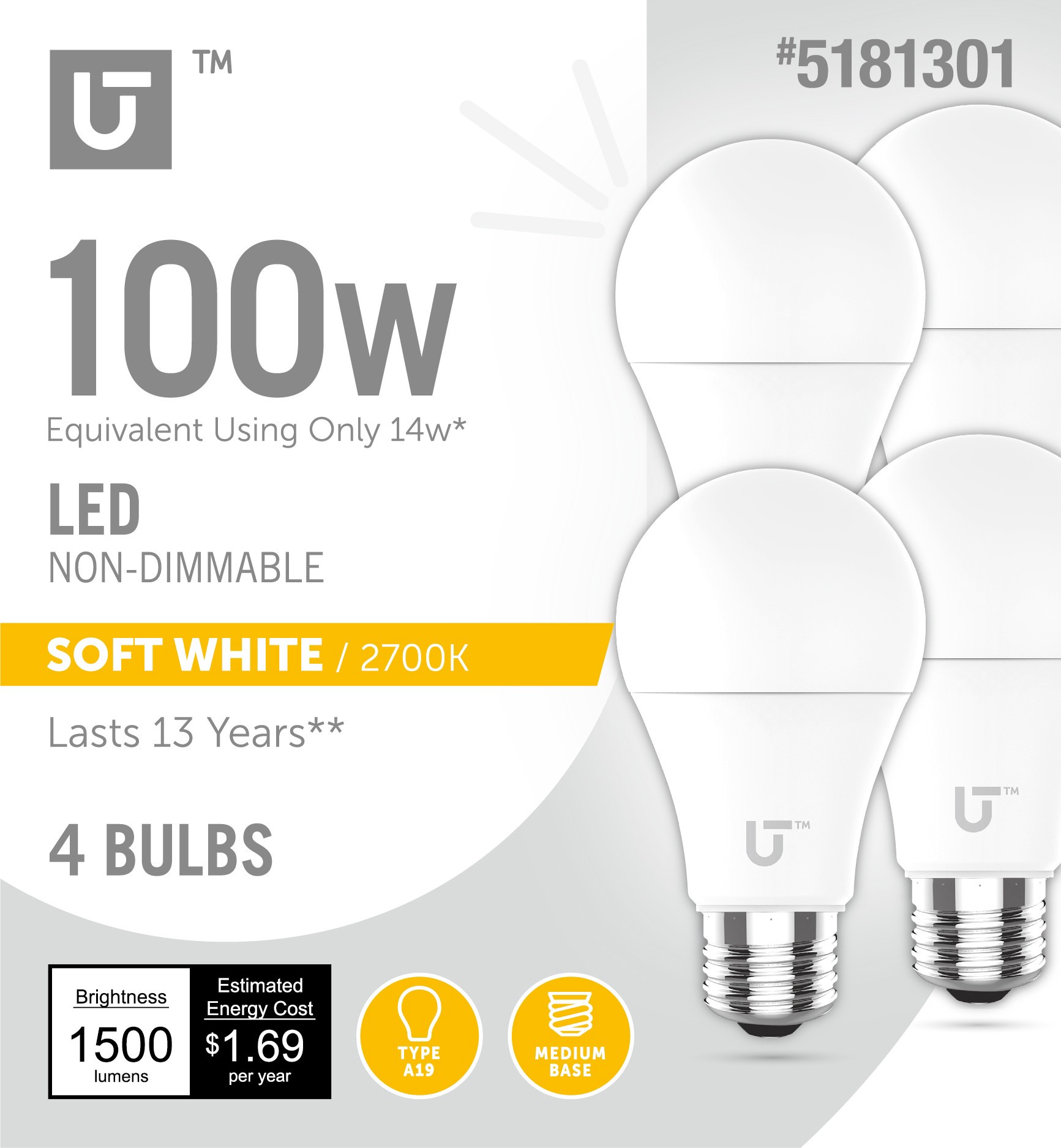 slide 1 of 6, Utilitech 100 -Watt EQ A19 Soft white Medium base (E-26) LED General purpose Light Bulb 4 -Pack, 1 ct