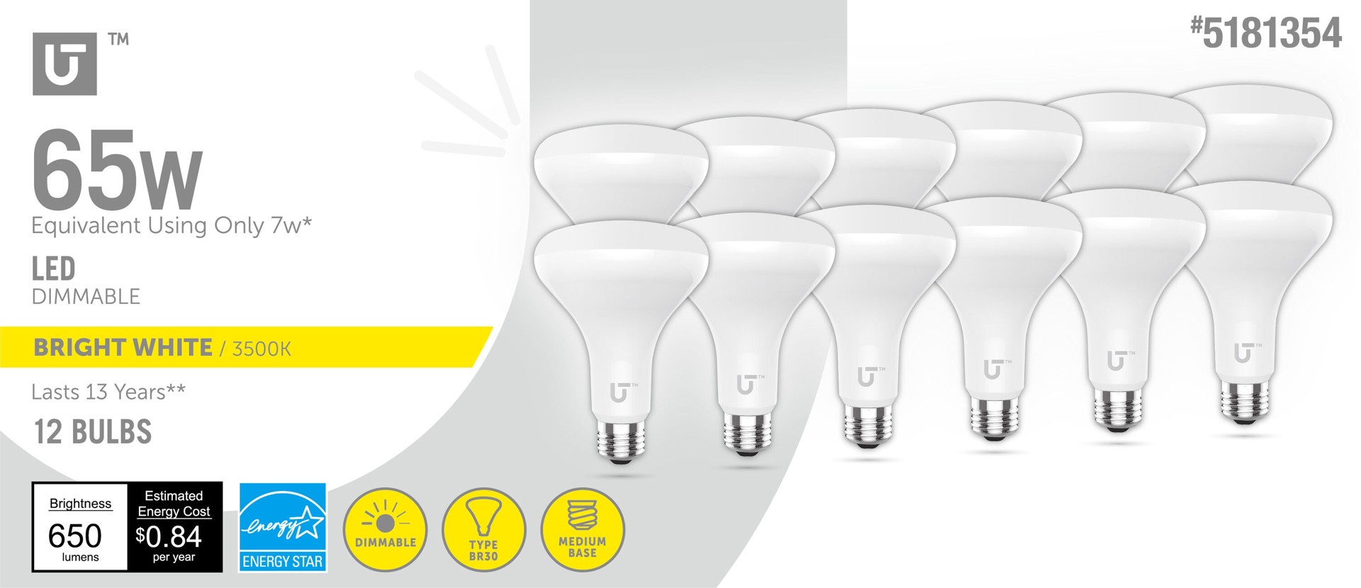 slide 1 of 6, Utilitech 65 -Watt EQ BR30 Bright white Dimmable LED Spot Flood Light Bulb 12 -Pack, 1 ct