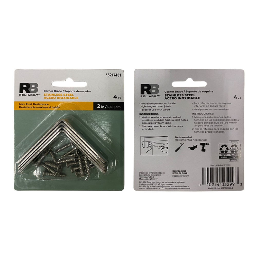 slide 6 of 6, RELIABILT Corner Brace 2-in x 0.625-in x 2-in 1.8 -Gauge Stainless steel Stainless steel Corner brace 4 -Pack, 1 ct